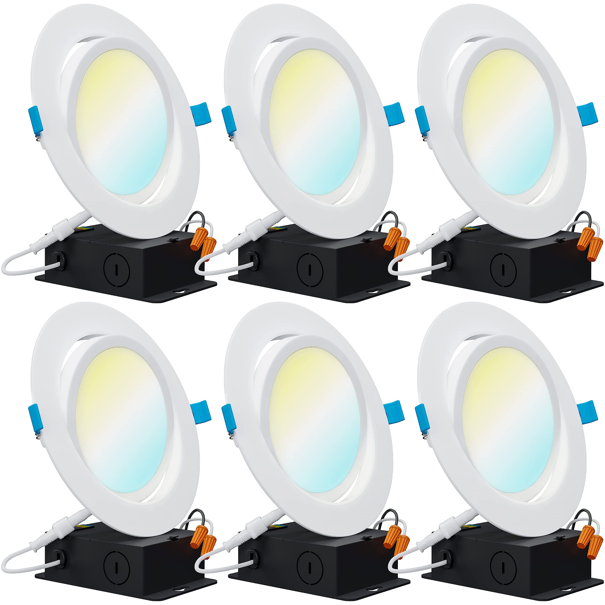 Sunco Lighting 6 Pack Recessed Led Lights Canless 6 Inch Eyeball Gimbal 12W, Selectable 2700K/3000K/3500K/4000K/5000K, Angled Di