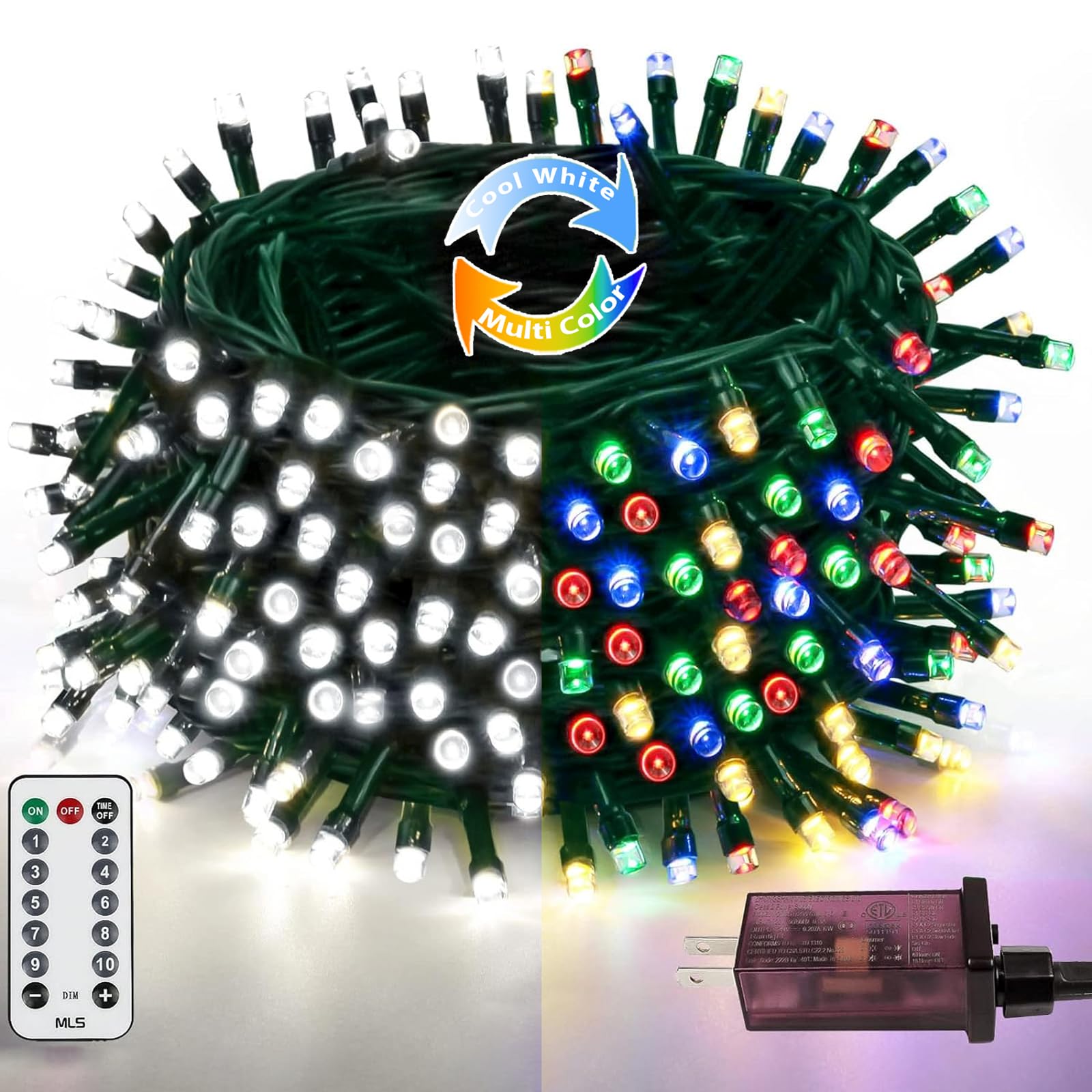YIQU 200 LED Color Changing Christmas String Lights with Remote & Timer, Waterproof, Cool White & Multicolor, Model MLS-D29V6WUIC-O