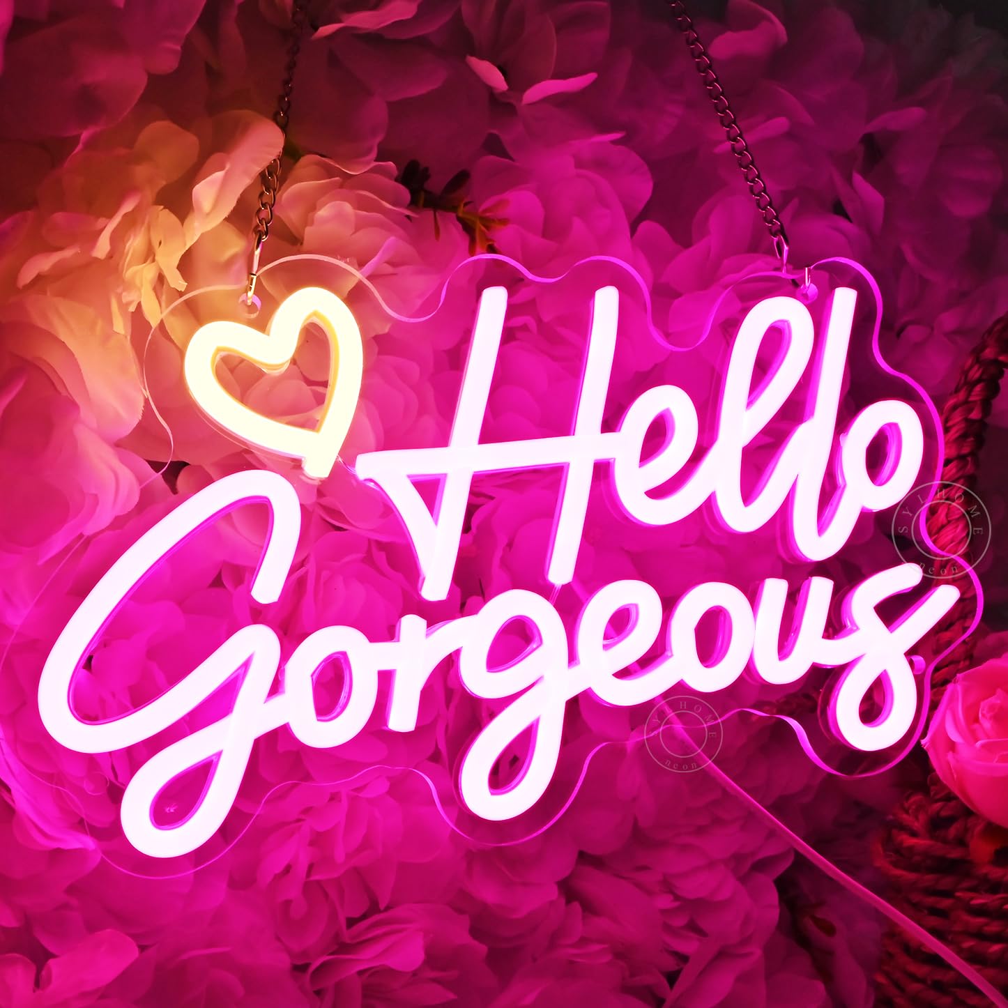 SYLHOME LED Neon Light Sign - Hello Gorgeous - Acrylic Decor - 11.8in X 6.8in - Warm White and Pink - Bedroom/Salon/Wedding Decoration