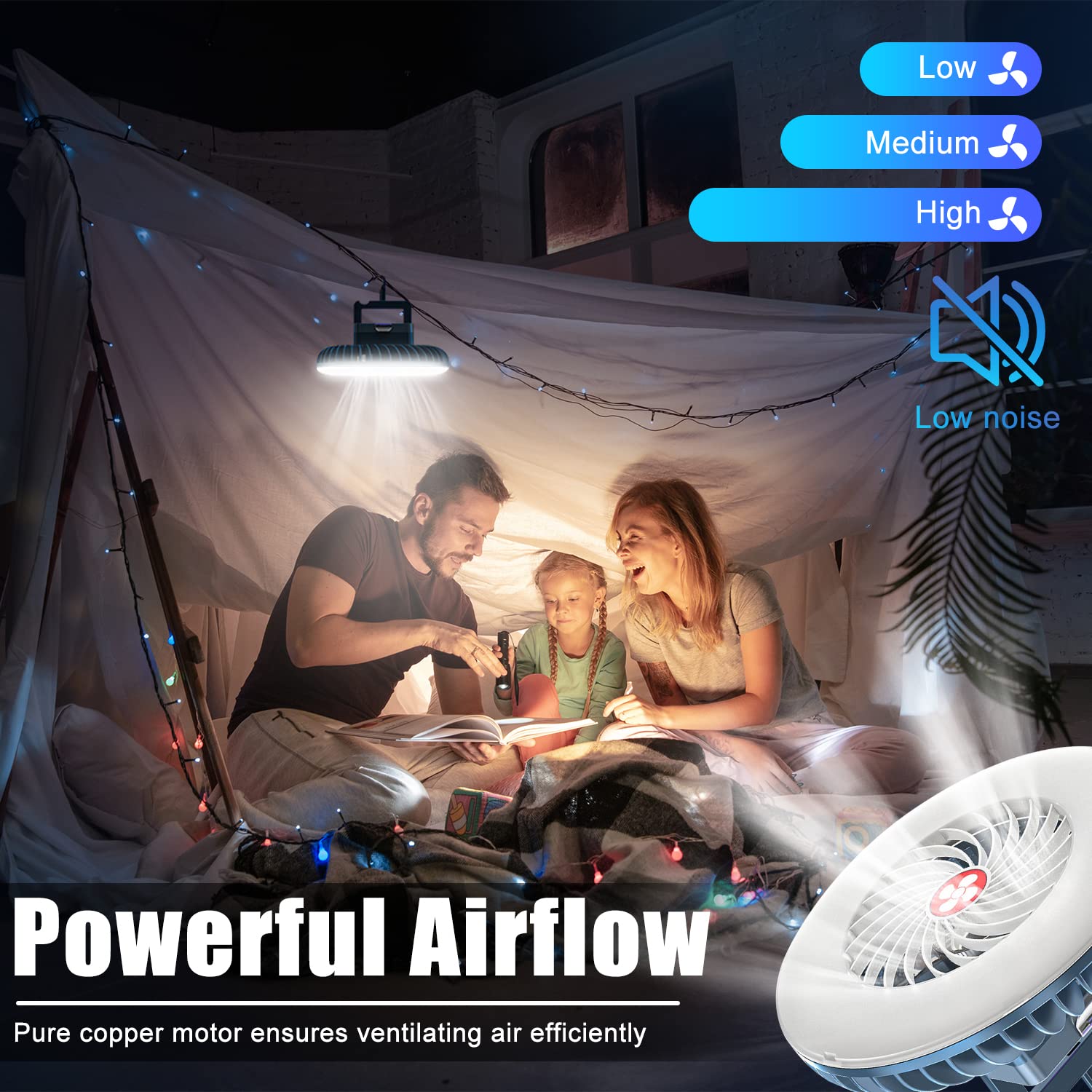 XTAUTO Portable Camping Fan with LED Lantern, USB Rechargeable, Waterproof, Model XT00557x2, White, 2-Pack