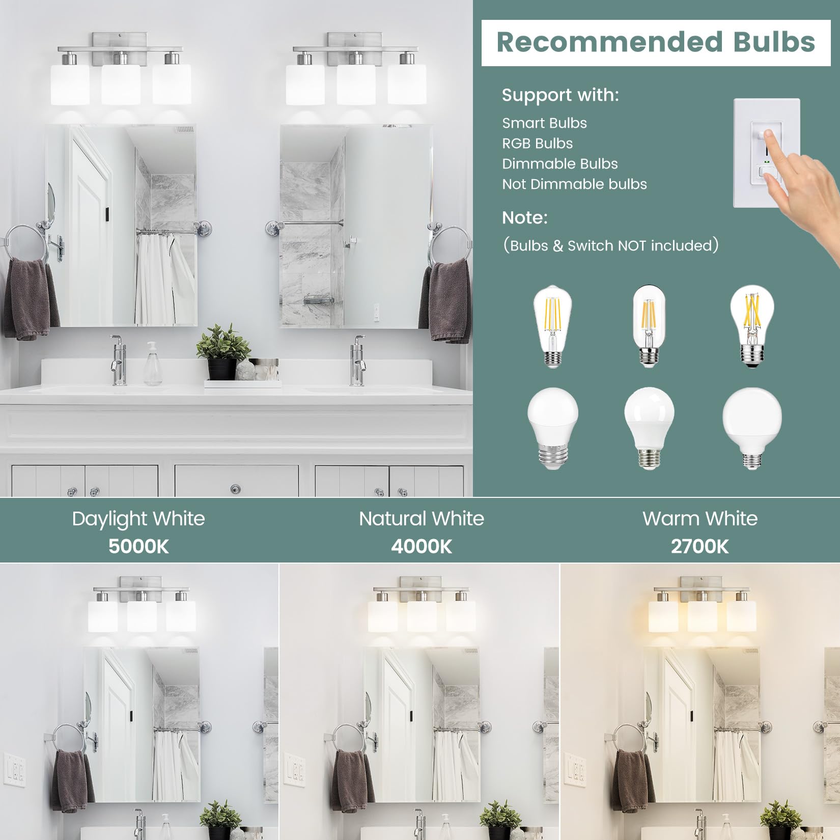 Rocunsi 3-Light Bathroom Vanity Light Fixtures Over Mirror, Brushed Nickel Vanity Wall Scones Lighting For Bedroom Living Room, Vanity Lights With Milky White Glass Shades, E26 Socket