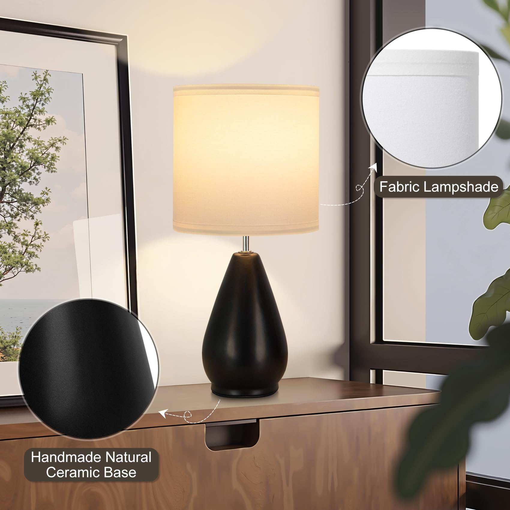 Yacoto Ceramic Table Lamps Set Of 2, Small Black Bedside Lamps For Bedroom Modern Nightstand With 3 Color Temperatures For Livin