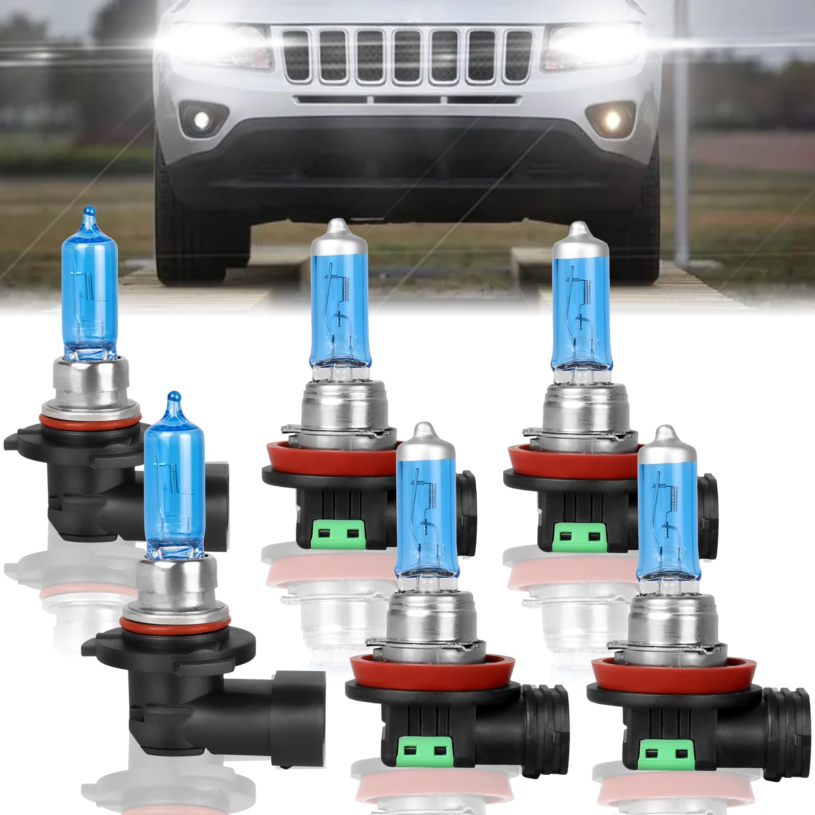 XRDHJI Fit for JEEP Compass 2014-2020 High Performance Halogen Headlight Bulbs,9005 High Beam + H11 Low Beam + H11 Fog Light Rep