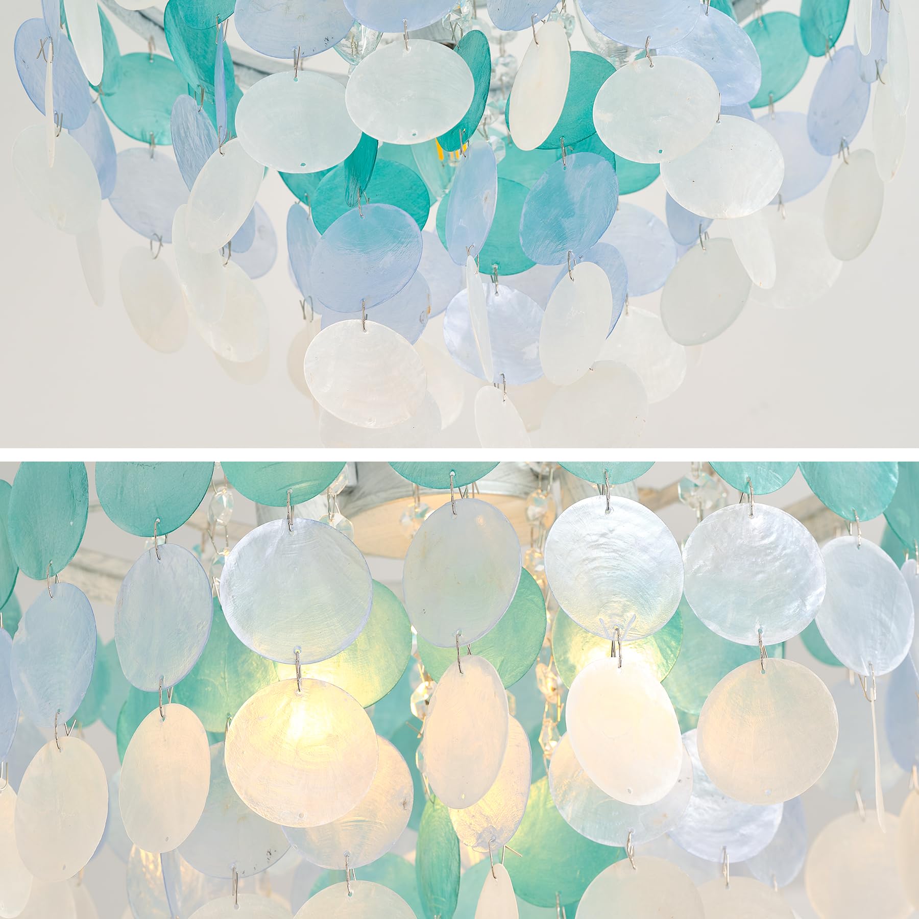 TRIBILLION 13.8" Capiz Shell Mini Chandelier - Ocean Blue 3 Light Ceiling Fixture for Bedroom, Hallway, Living Room, Model shell-350