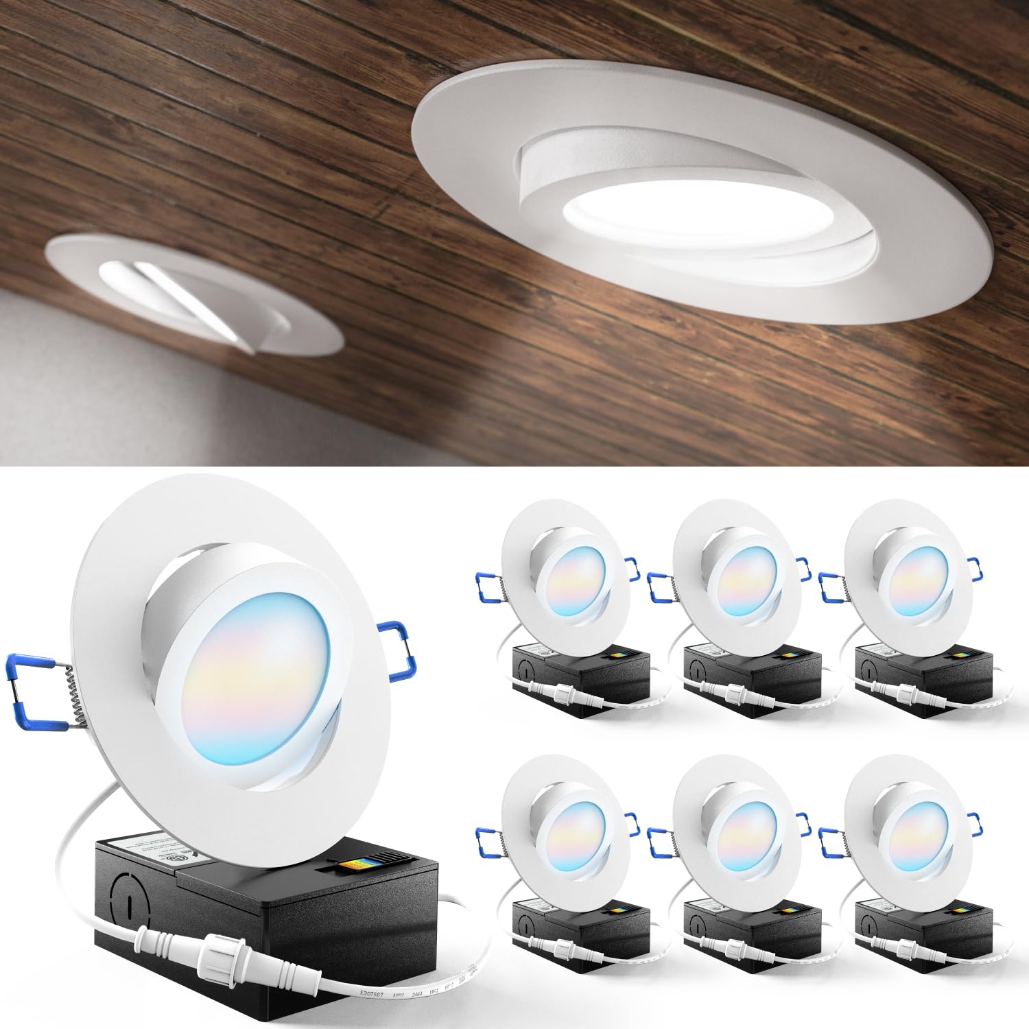 Sunco 6 Pack 4 Inch Adjustable Recessed Lighting 4 Inch LED, Angled Directional Eyeball Canless Gimbal, 750 LM, Selectable CCT 2