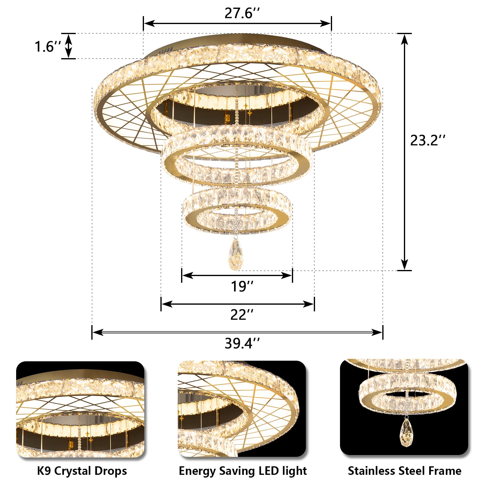 HAIXIANG 40 Inch LED Chandelier, Remote Dimmable Ceiling Light Fixture, Gold, Flush Mount, Compatible with Sloped Ceilings, Model MMQ3831-100