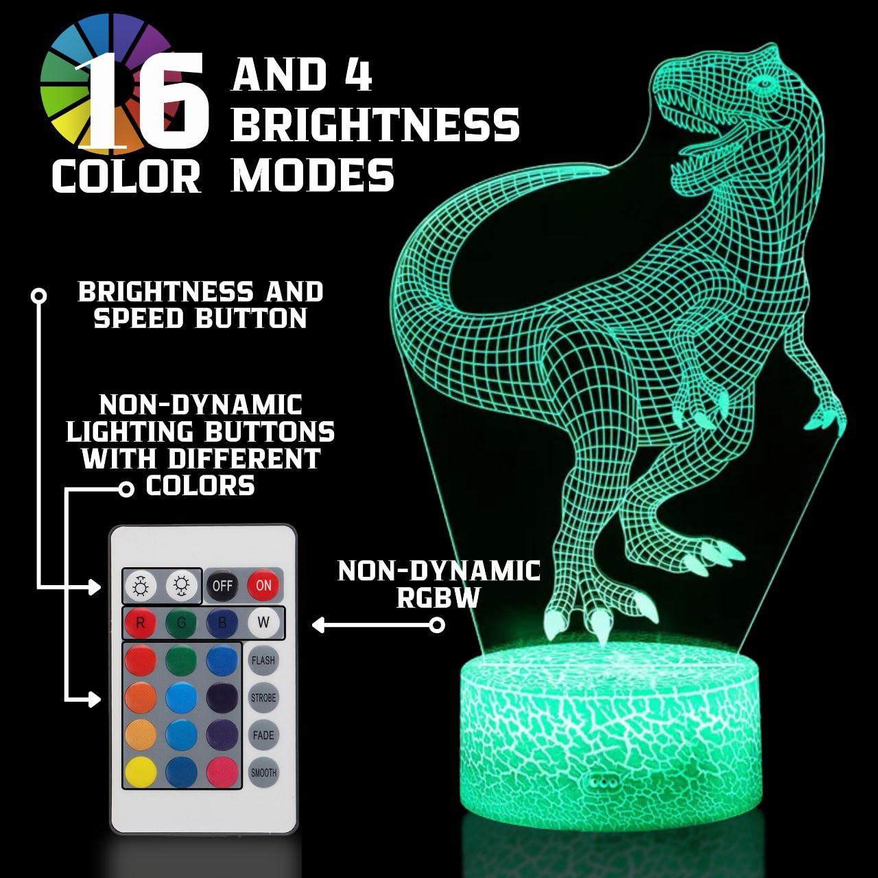 Dinosaur Night Light 3D Illusion - Dinosaur Nightlight For Boys Girls With 16 Color Changing Led Dino Light Acrylic Night Light