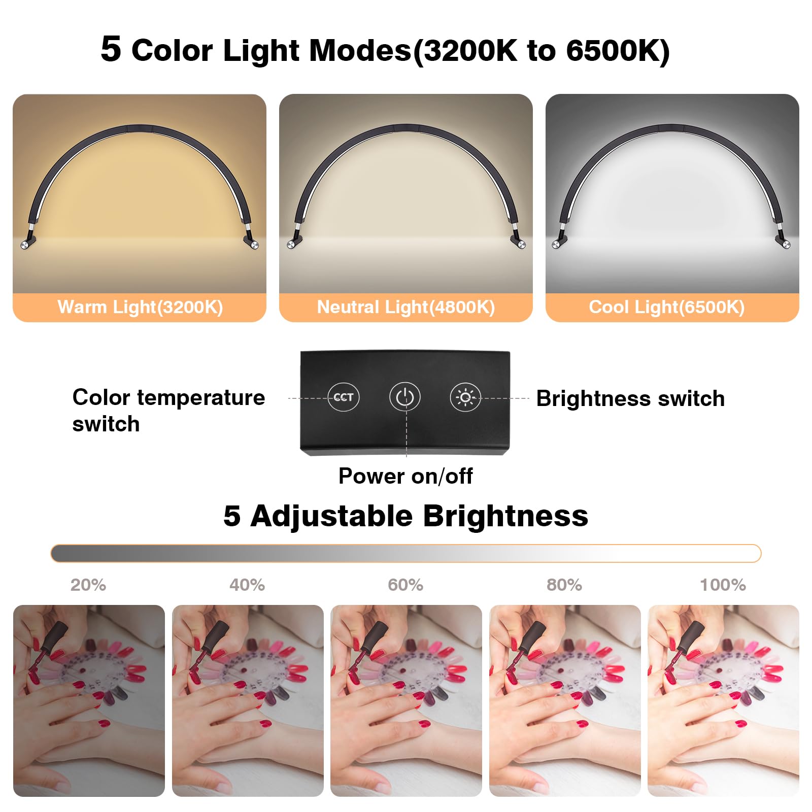 Mznoo Half Moon Nail Tech Light, 45W Dimmable, 30in, Adjustable 3200K-6500K, Aluminum, Black, Model MZ-DL30