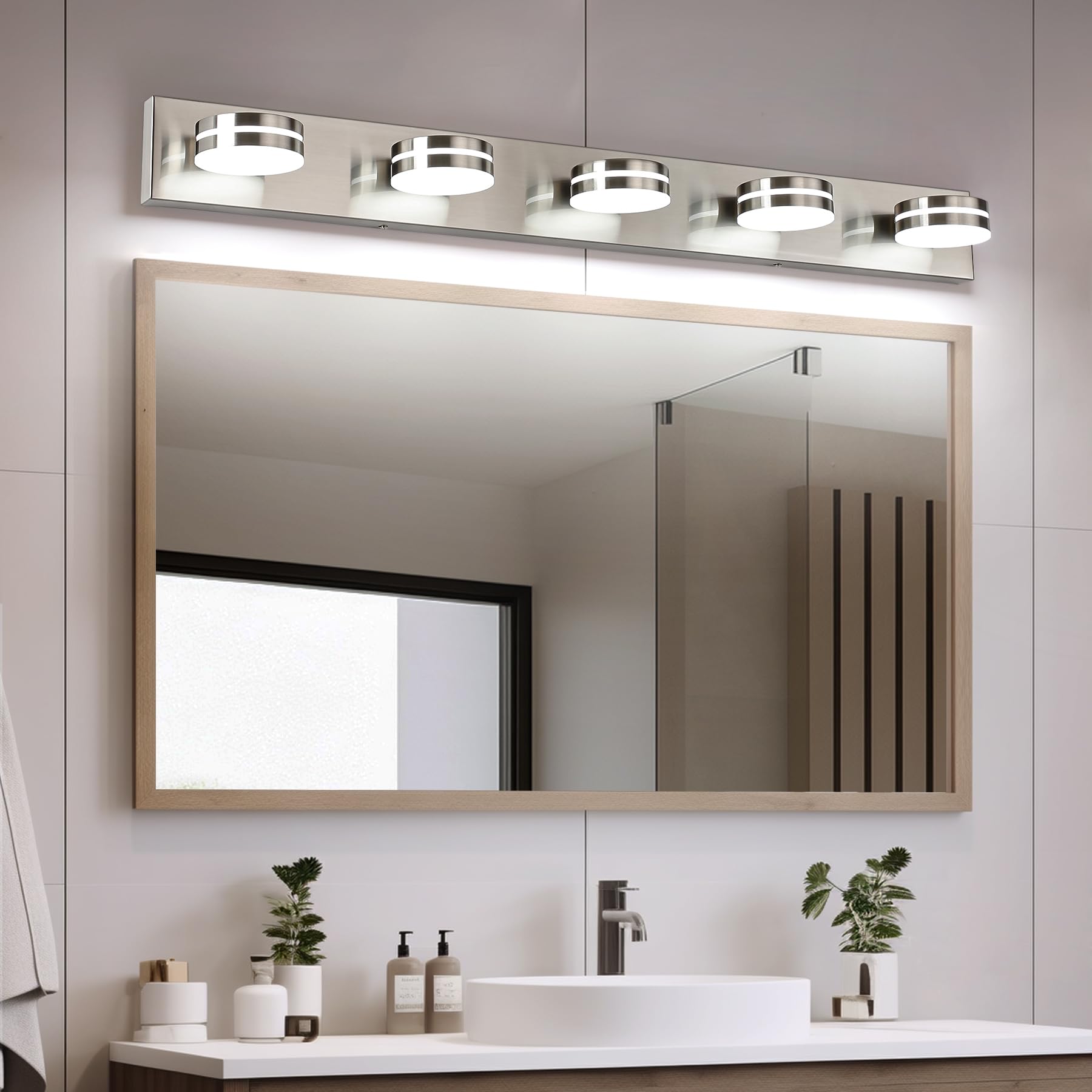 Bicrink Brushed Nickel Bathroom Light Fixtures Over Mirror  5-Light Bathroom Vanity Light  Led Dimmable Bath Lights  Modern Wall Mounted Lighting Fixture With Rotating Lamp Head