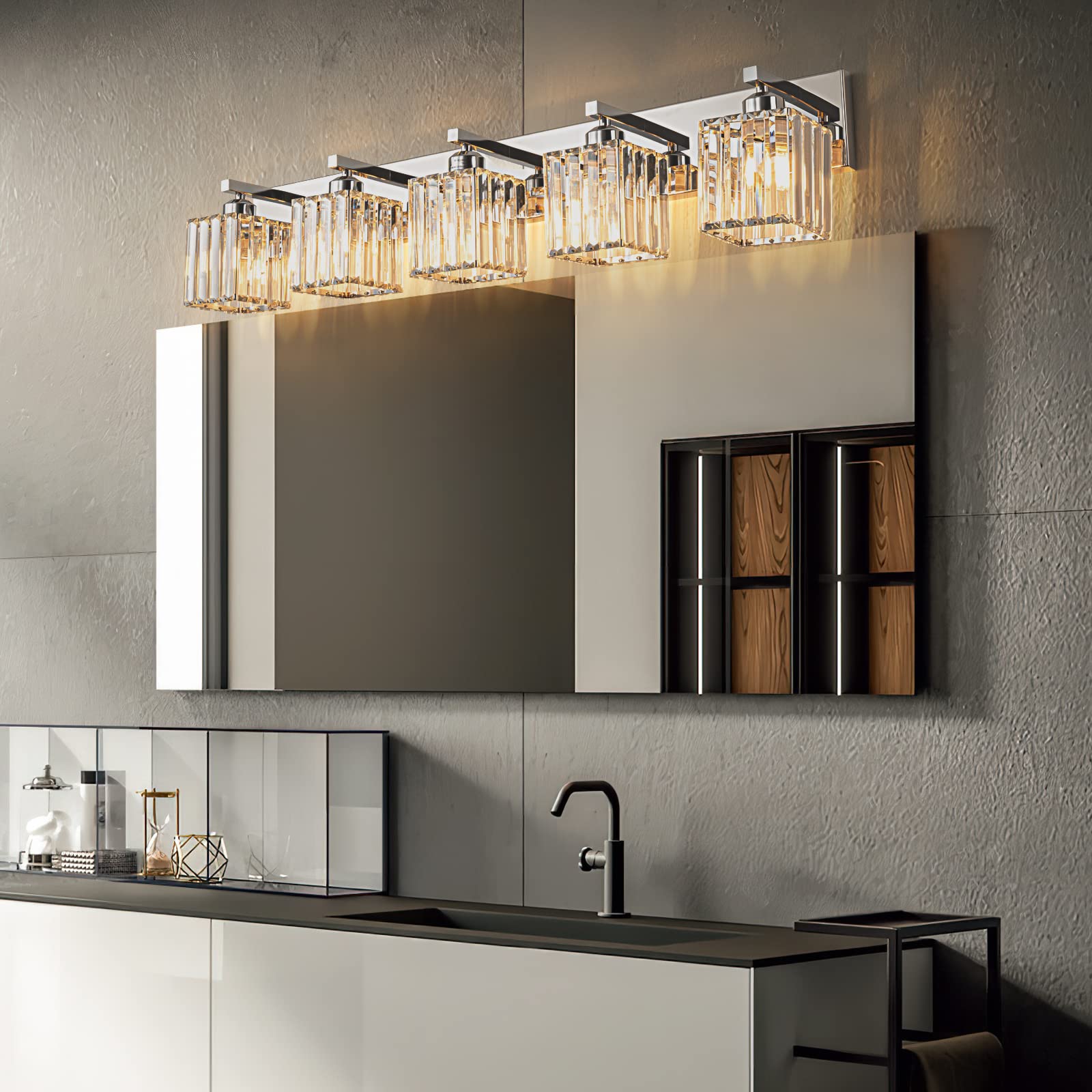 Fdpby Modern Bathroom Vanity Light 5-Lights Modern Chrome Crystal Bathroom Wall Light Bathroom Vanity Light Fixtures