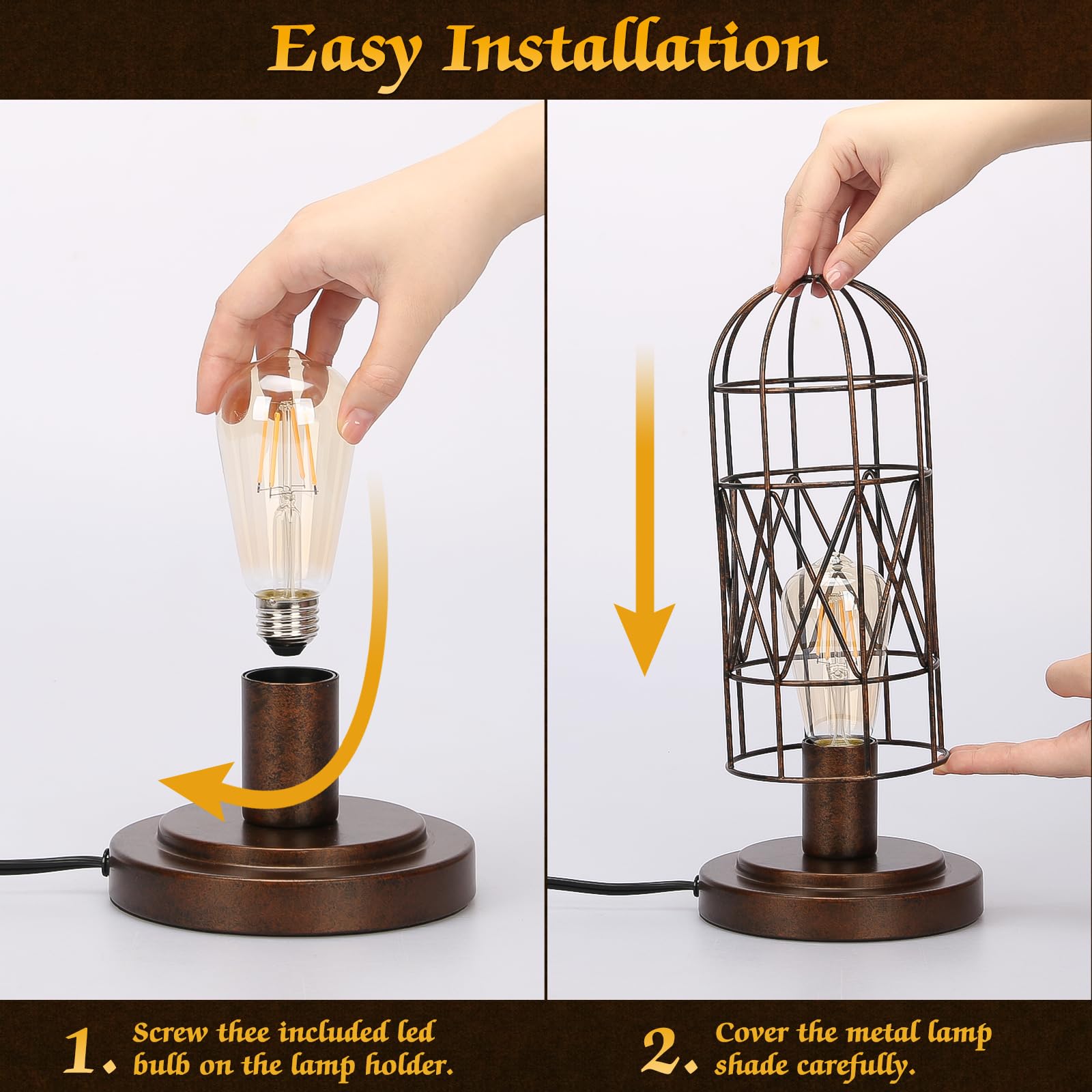 Industrial Antique Bronze Cage Table Lamp, 3-Way Dimmable For Bedroom & Living Room, Led Bulb Included