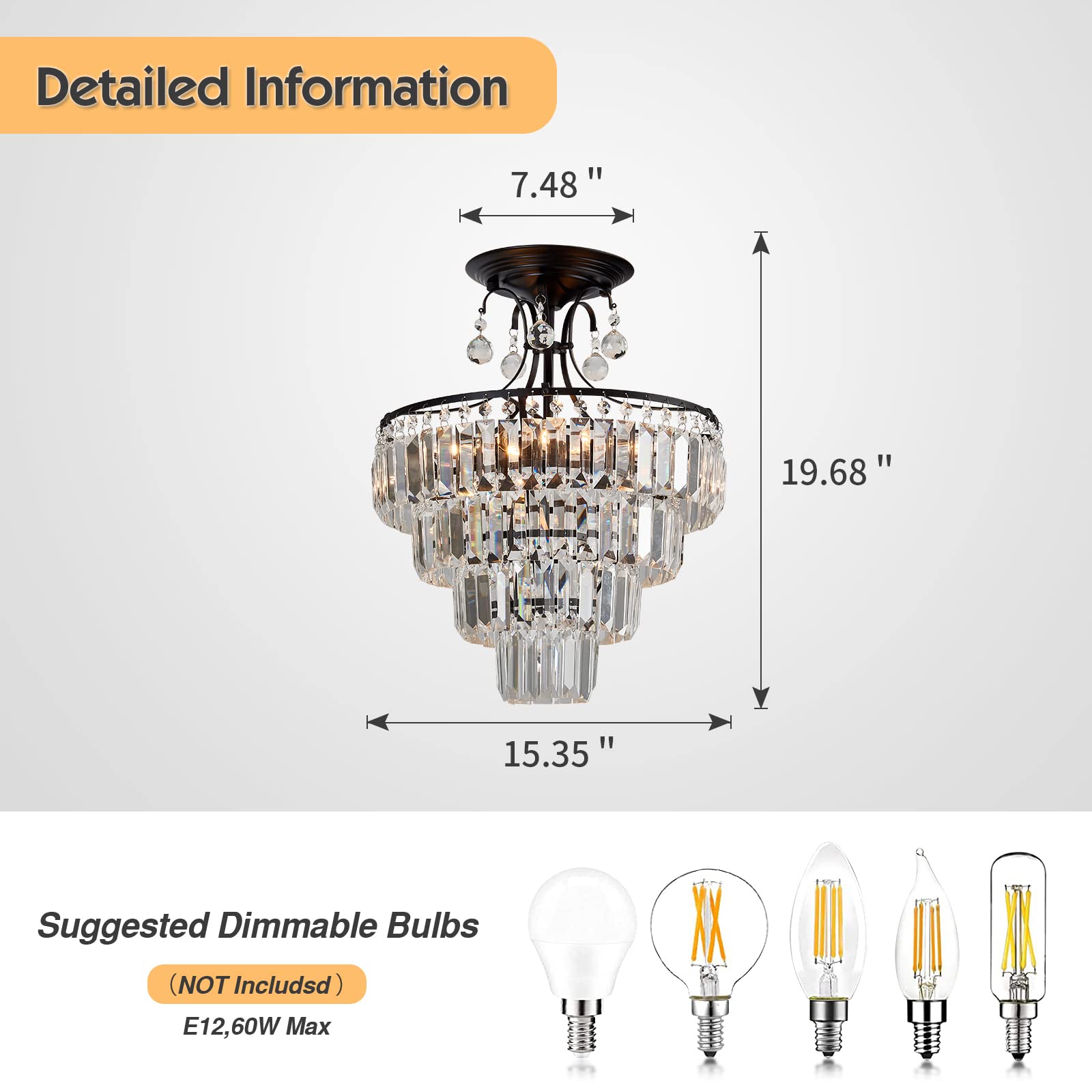 CVKASH 5-Lights Crystal Chandelier Semi Flush Mount Ceiling Light 15.2 Inch Black Model X5 for Living Room, Dining Room, Bedroom