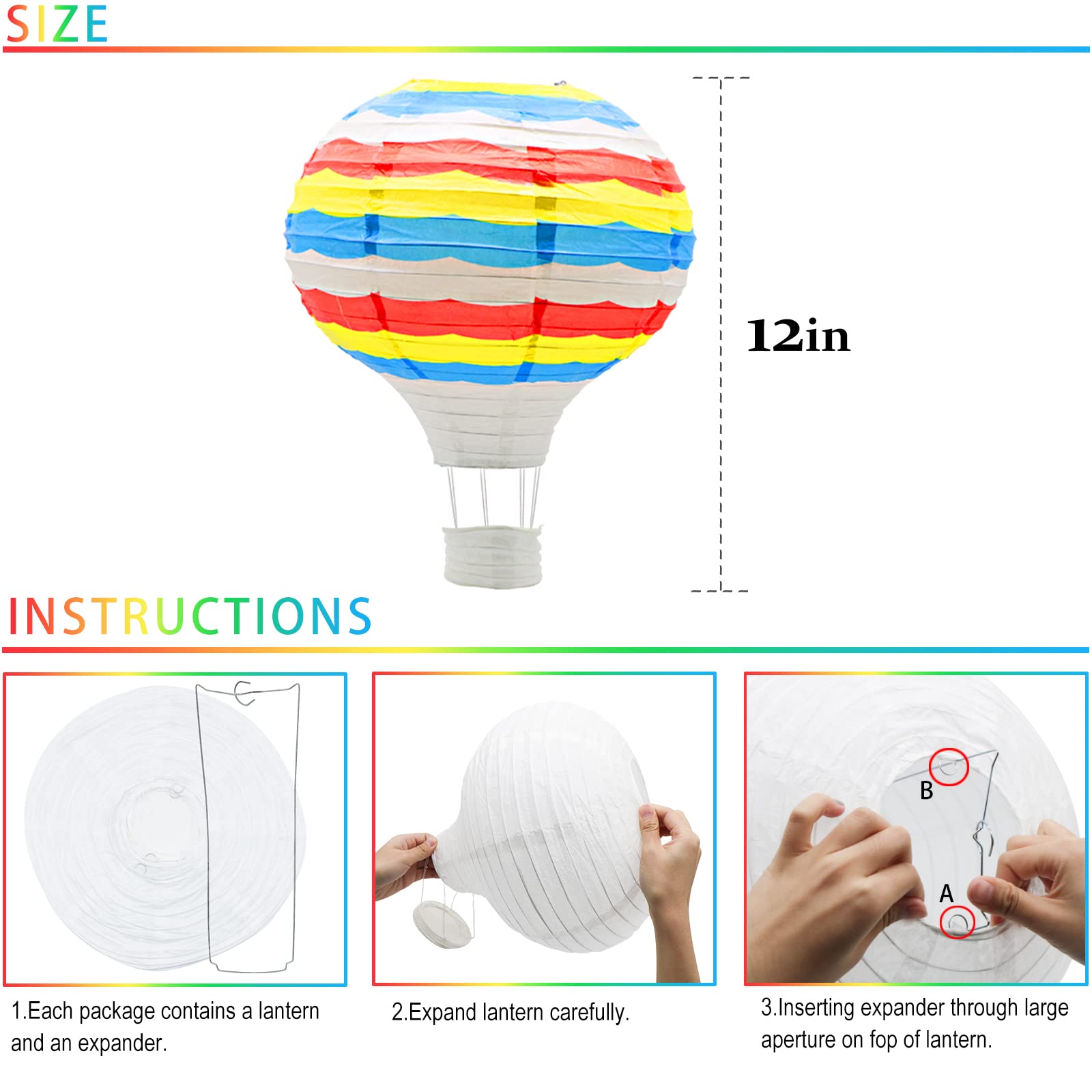 Rainbow Hanging Hot Air Balloon Paper Lanterns Set, Party Decoration Christmas Wedding Birthday Party Decor Gift, 12 Inch, Pack Of 8 Pieces
