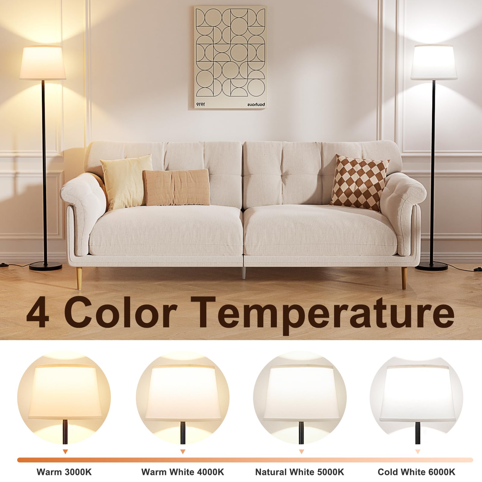 Raexpectis Modern Floor Lamp With Adjustable Brightness, Remote Control, Black, Led Bulbs, White Shade, Foot Switch, Easy Assemb