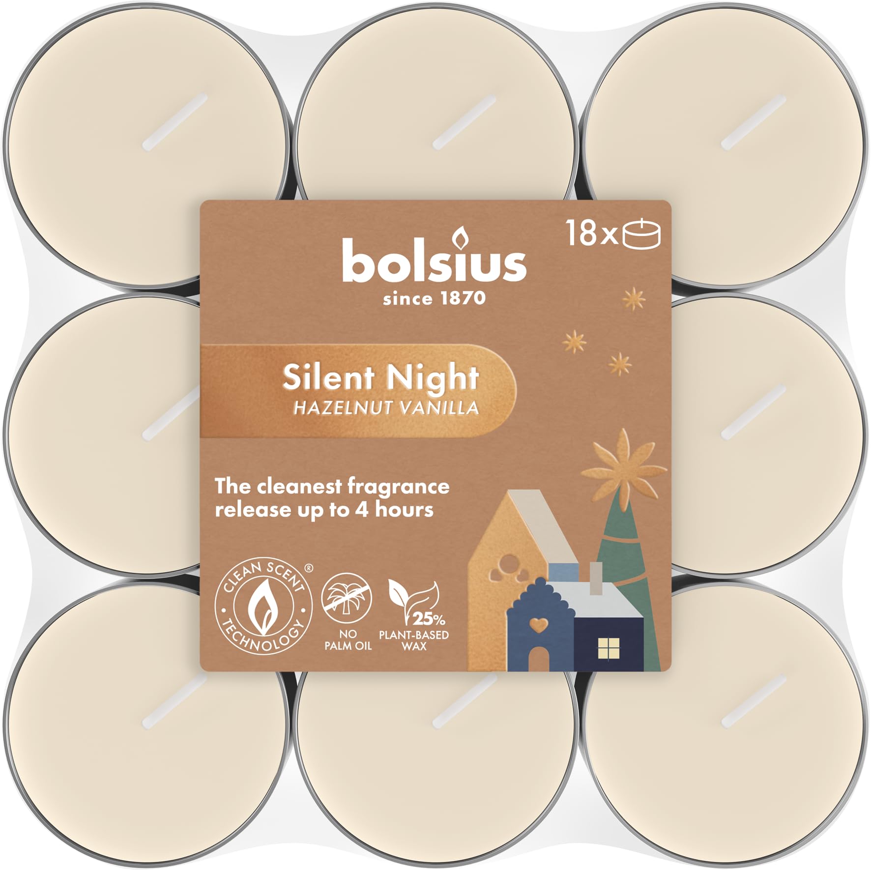 Bolsius - Silent Night - Scented Tea Lights - Pack of 18 - Burn Time of 4 Hours - Natural Extracts - Contains Vegan Wax - Palm Oil Free
