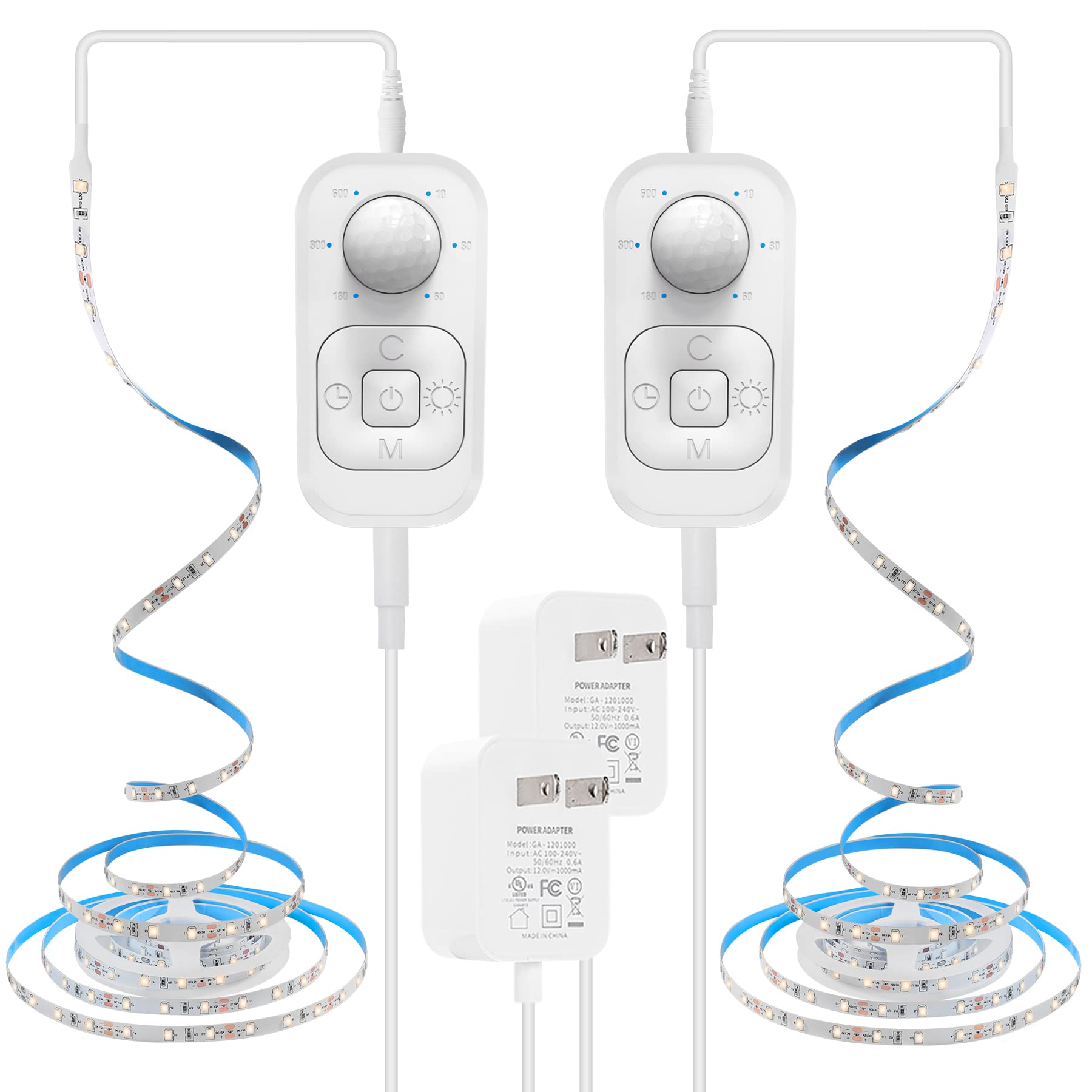 Speycer Motion Sensor Under Cabinet Lights - 9.84FT LED Strip, Warm White, Plug-in with Timer & Dimmer, 2 Pack