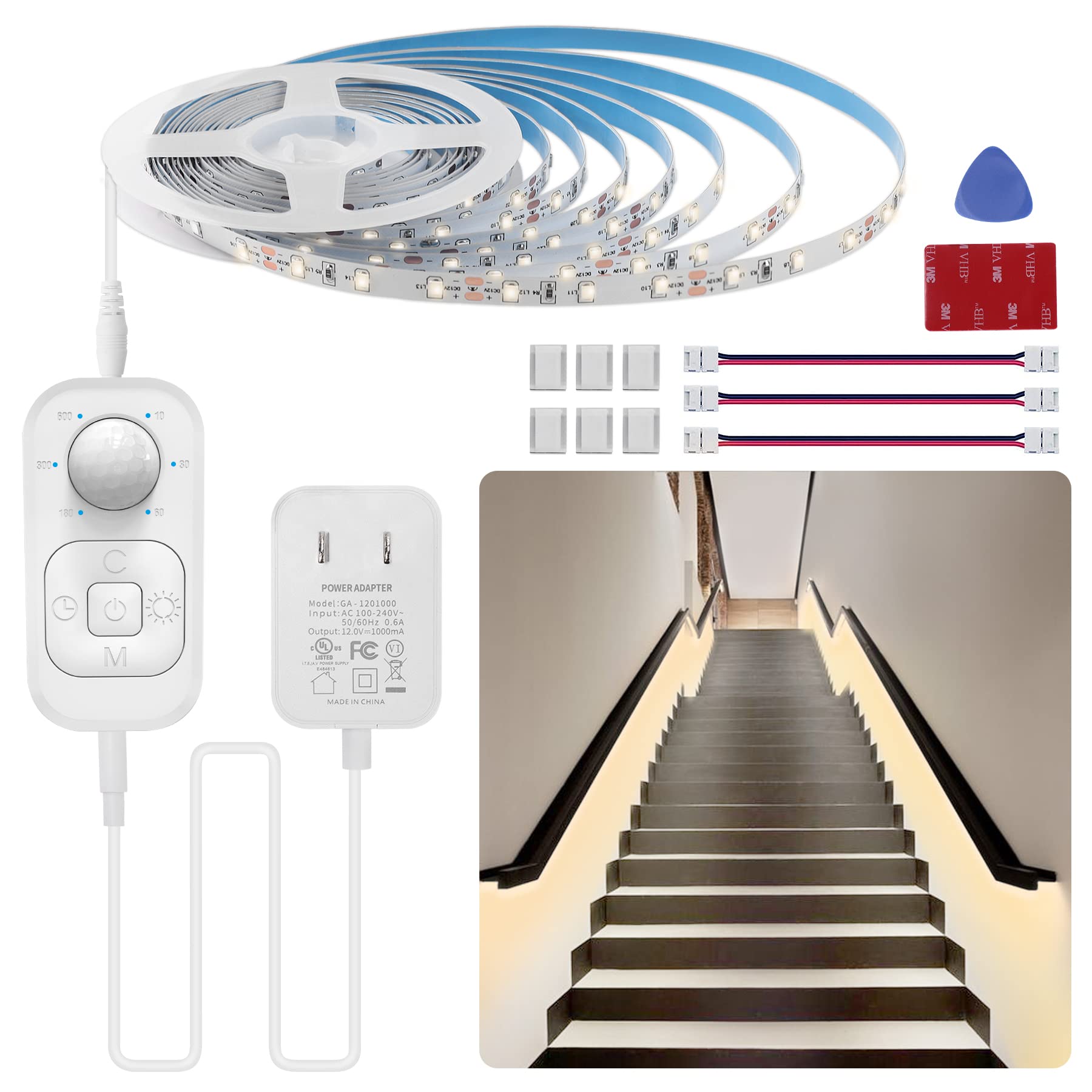 Speycer Motion Sensor LED Step Lights Strip, 16.4ft, Warm White, Indoor Plug-in with Power Timer and Dimmer for Stairs and Cabinets