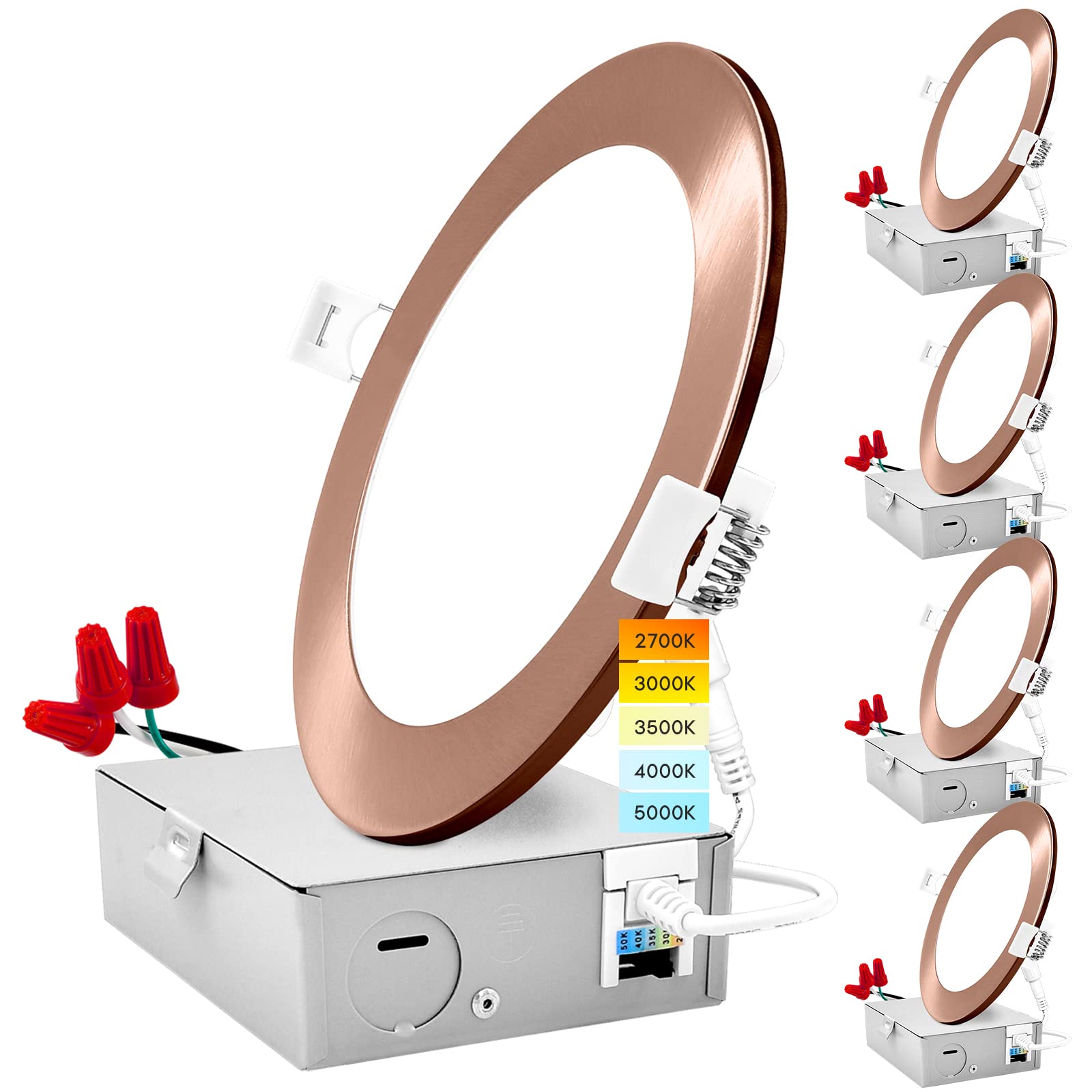 Luxrite 6 Inch Ultra Thin Led Recessed Light With J-Box, 12W, 5 Color Options 2700K | 3000K | 3500K | 4000K | 5000K, Dimmable Wafer Light, 1000 Lumens, Copper Trim, Energy Star, Ic Rated (4 Pack)