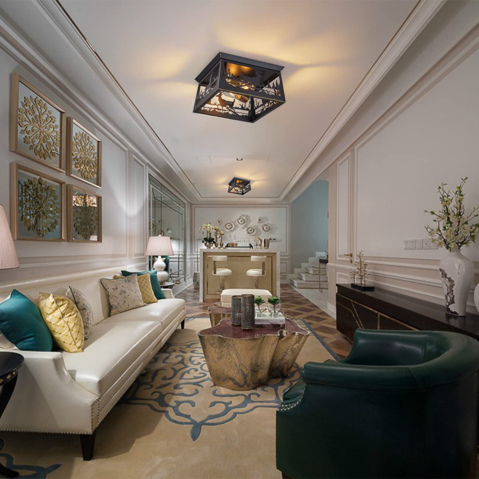 MLGB Farmhouse Flush Mount Ceiling Light Fixture, 12.6 inch, 2-Light Rustic Deer Design for Hallway, Porch, Entryway, Bedroom, Kitchen