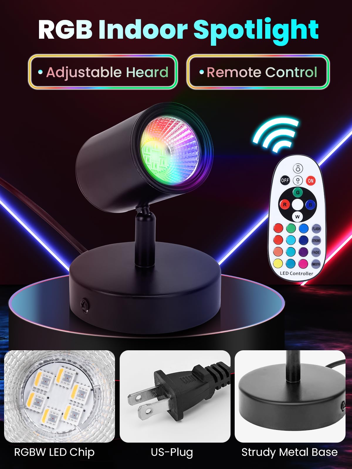 Aodiyipei Rgbw Indoor Spotlight 10W Led Color Changing Spotlight With Remote, 120V Christmas Up Lights Accent Spot Light With Fo