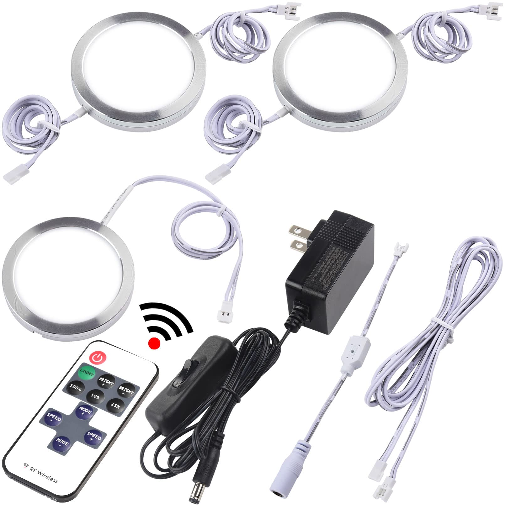Lvyinyin Under Counter LED Puck Lights, 110V, Dimmable, Wireless Remote, Daisy Chained, Dia 2.4in, Daylight 6000K, Model LYY