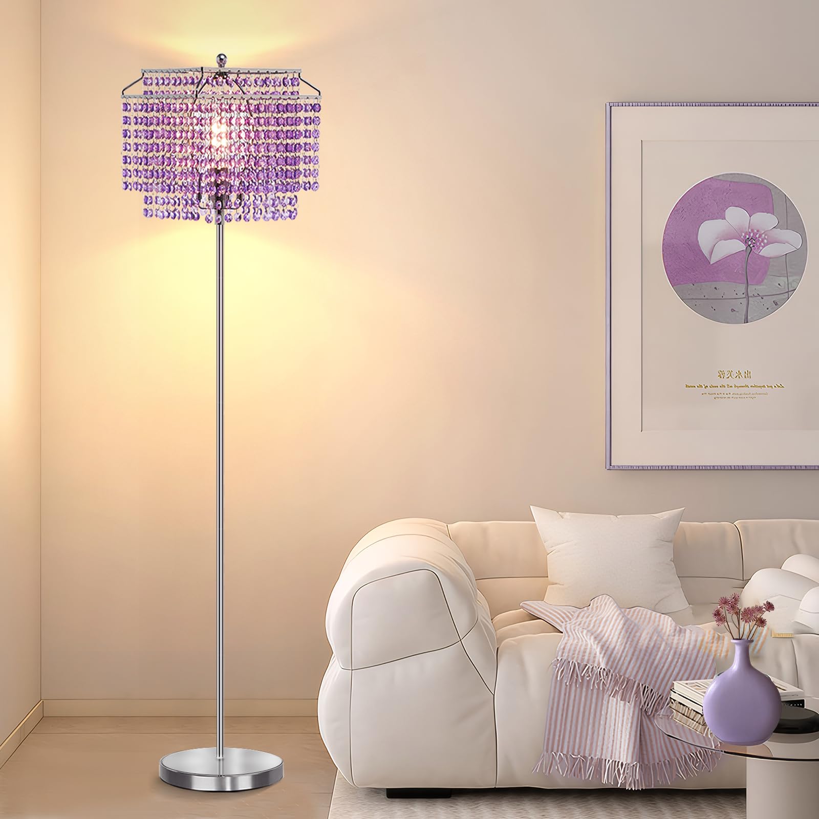 Crystal Floor Lamp Purple, 64'' Tall Standing Lamps With Double-Layer Lampshade, Elegant Floor Lamp With On/Off Foot Switch, Sta