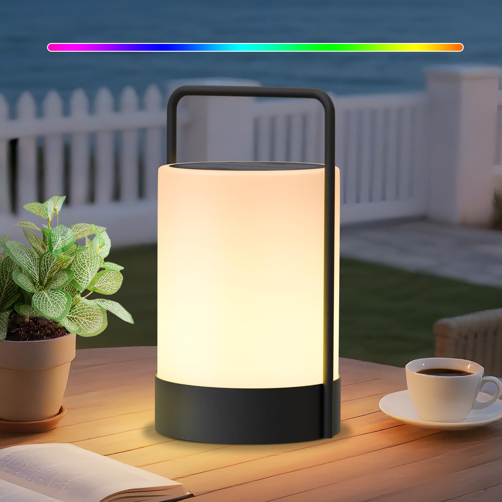 uuffoo Solar Lantern LED Outdoor Waterproof Table Lamp Cordless Metal Frame IP44 Weather Resistant RGB and Warm White 7-15H Batt