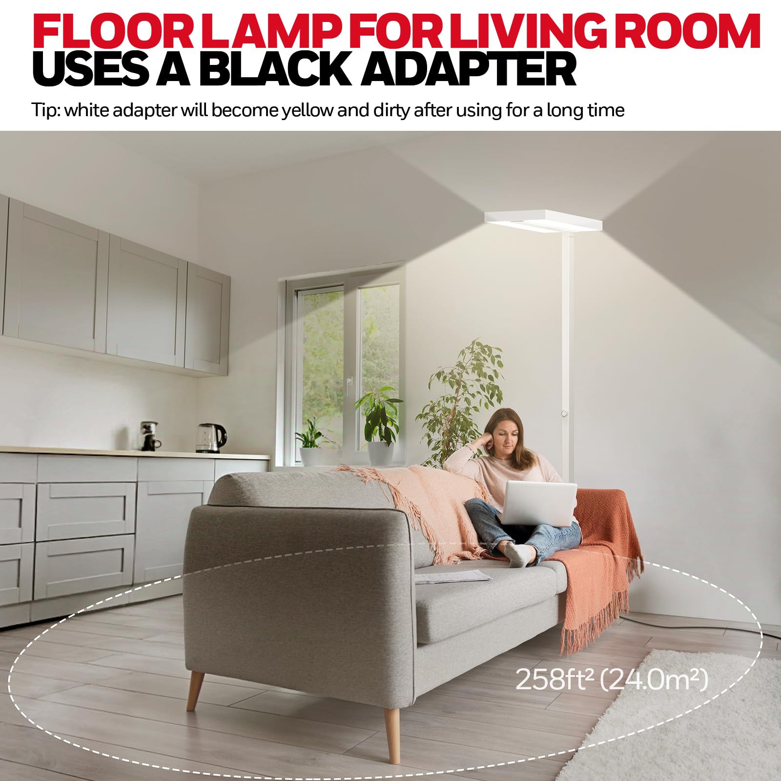 Honeywell 16000LM LED Floor Lamp, Dimmable 4000K, 77in Tall, Aluminum, White, Model HWL-X02E-MAX, Perfect for Living Room and