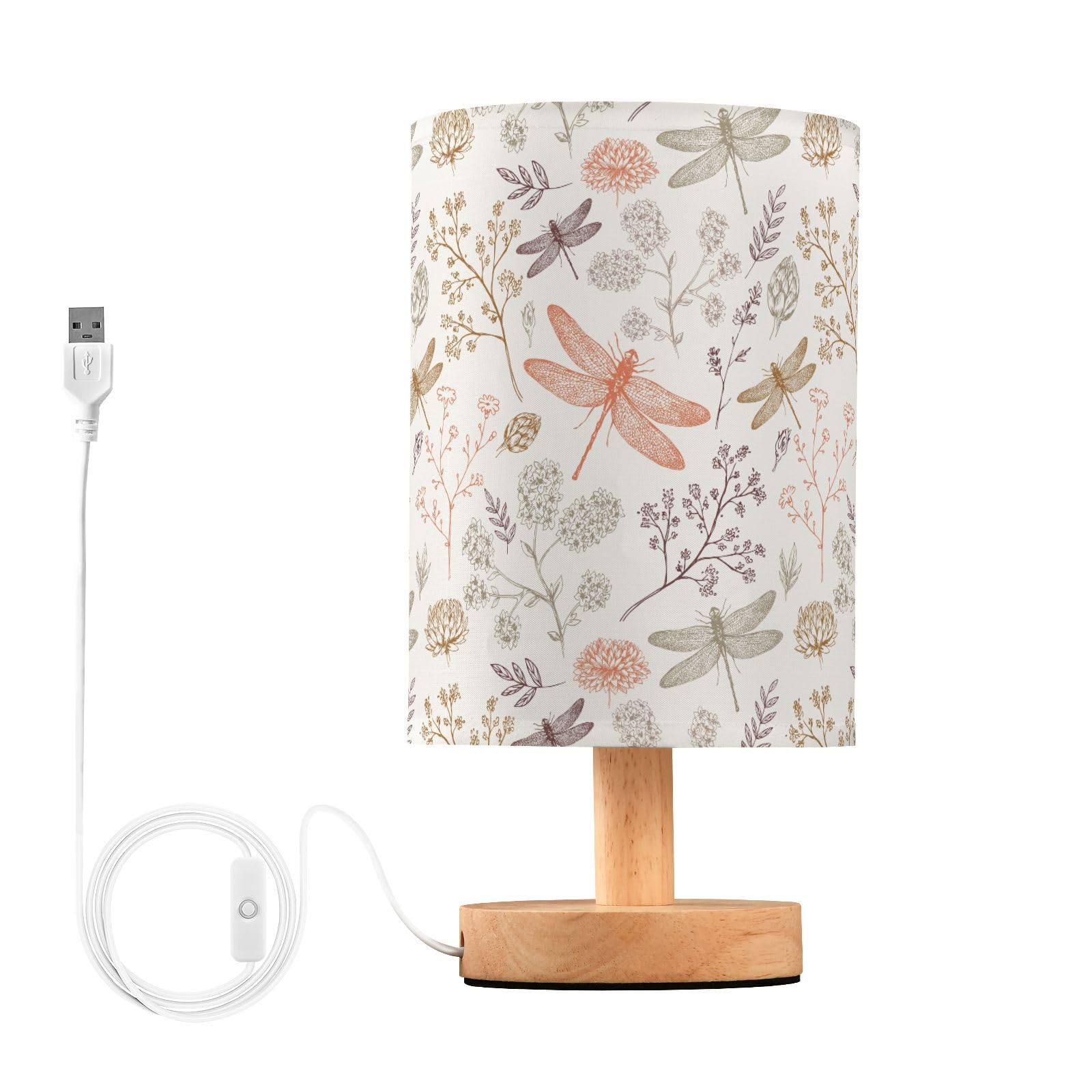 YYZZH Table Lamp Vintage Dragonfly Floral Nightstand Lamp with Wood Base Fabric Lamp Shade Bedside Desk Lamp for Living Room Bed