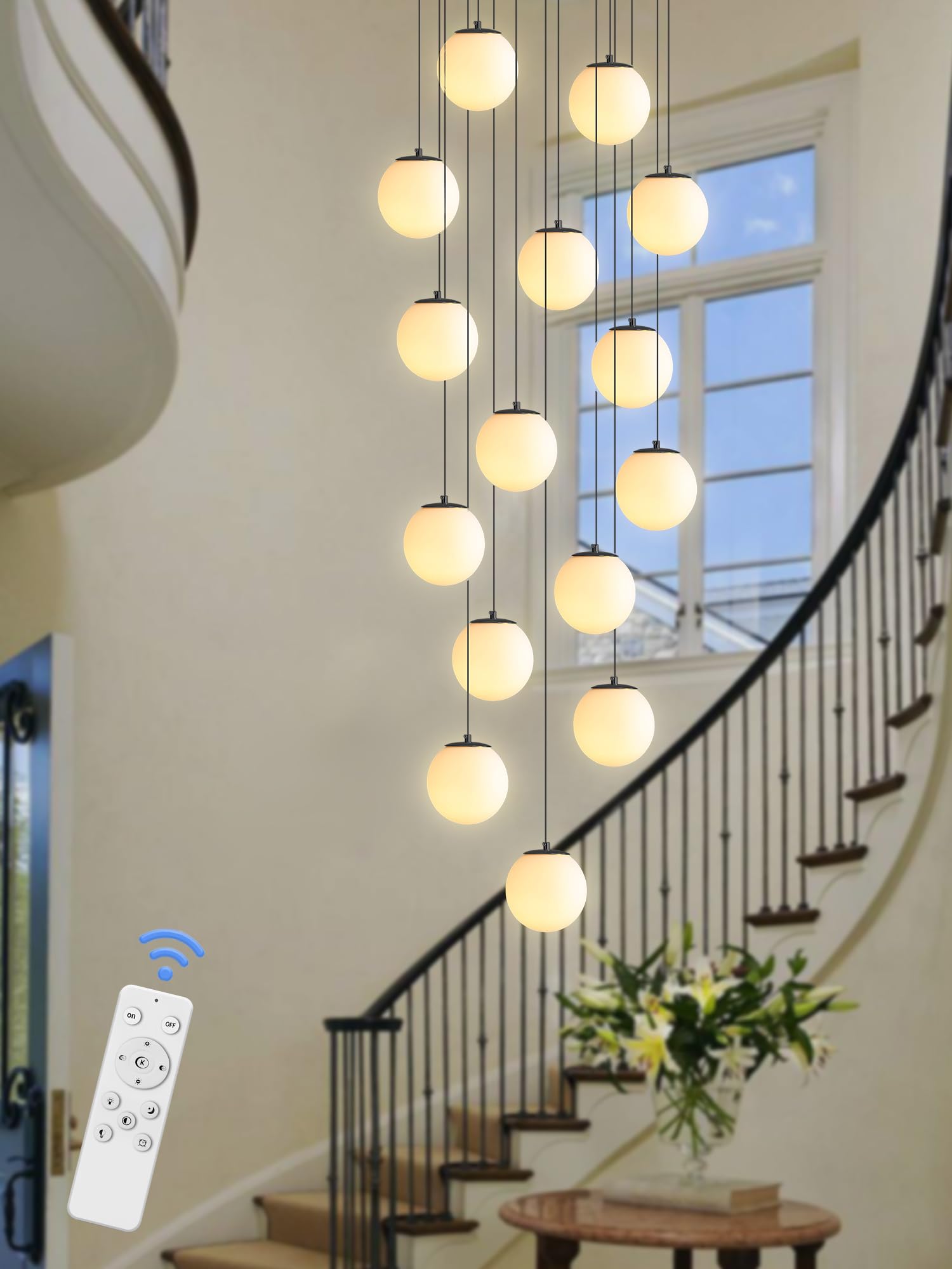 Ykolupty 15-Light Black Chandelier With White Globe Glass Dimmable Ceiling Light Glass Pendant Light For Kitchen Island, Dining 