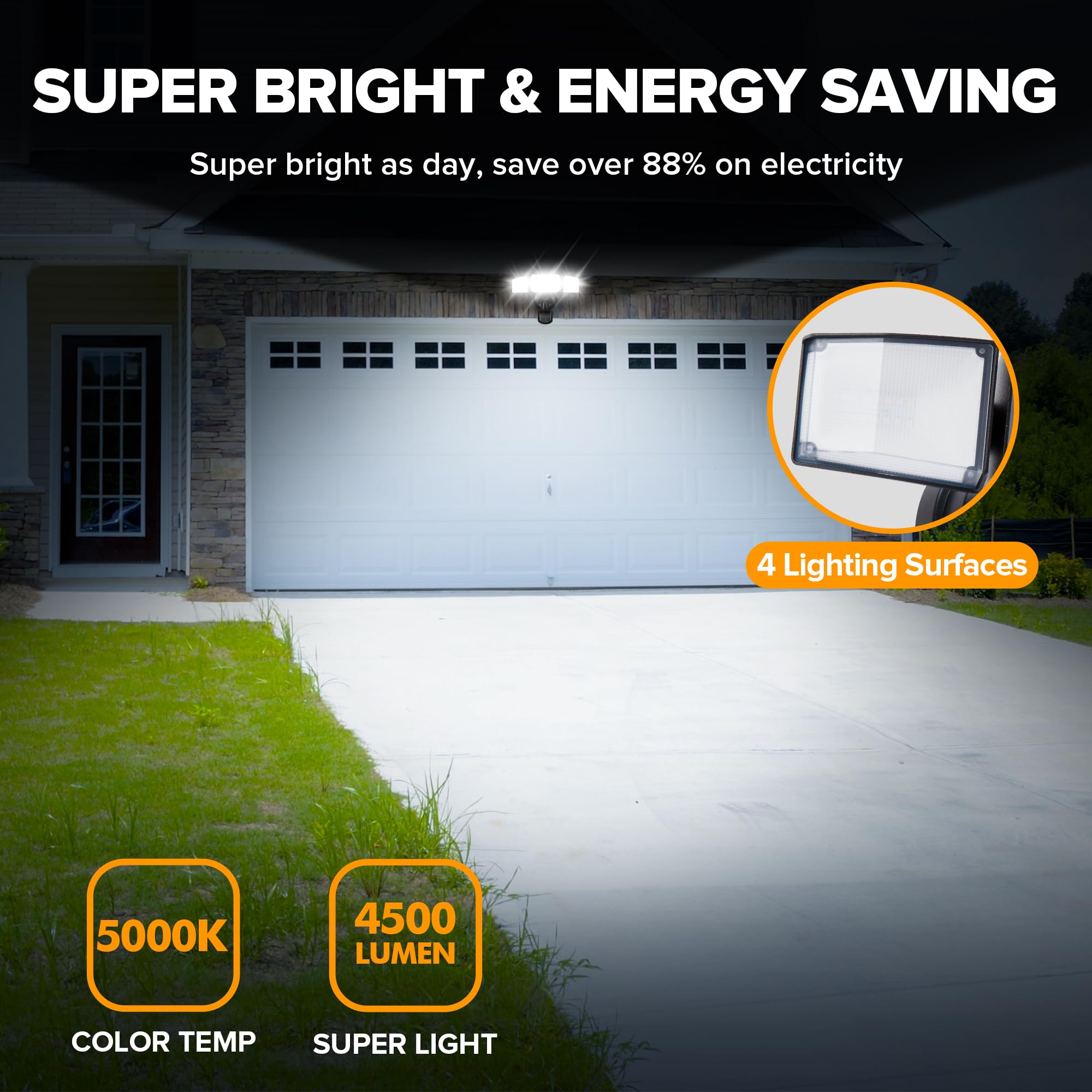 UME 49W LED Security Light - Motion Sensor, 5000K Daylight, IP65 Waterproof, 3 Head Flood Light, Black, 1 Pack
