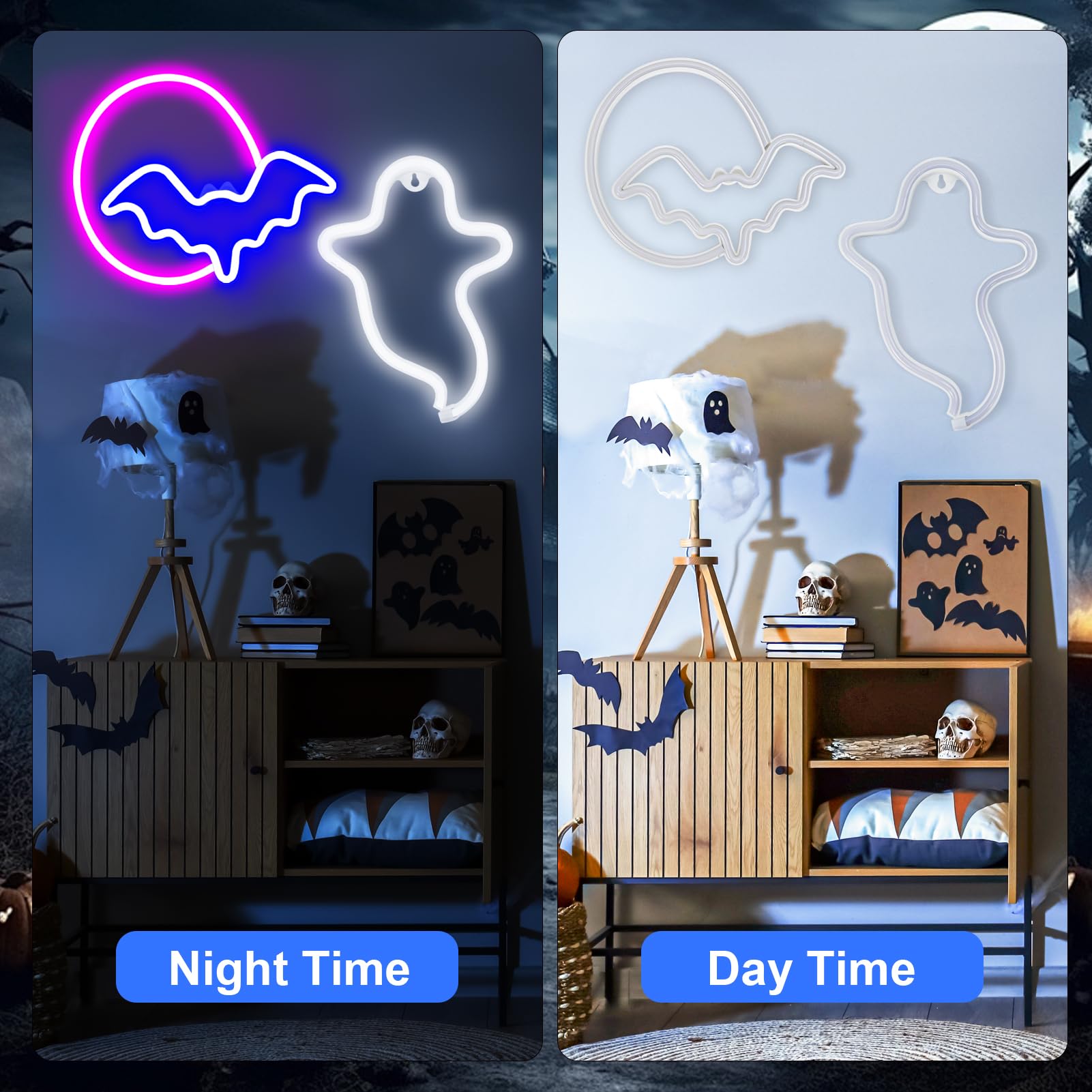 Zyp 2 Pack Halloween Led Neon Signs - Ghost, Bat & Moon Lights For Indoor Party Decor