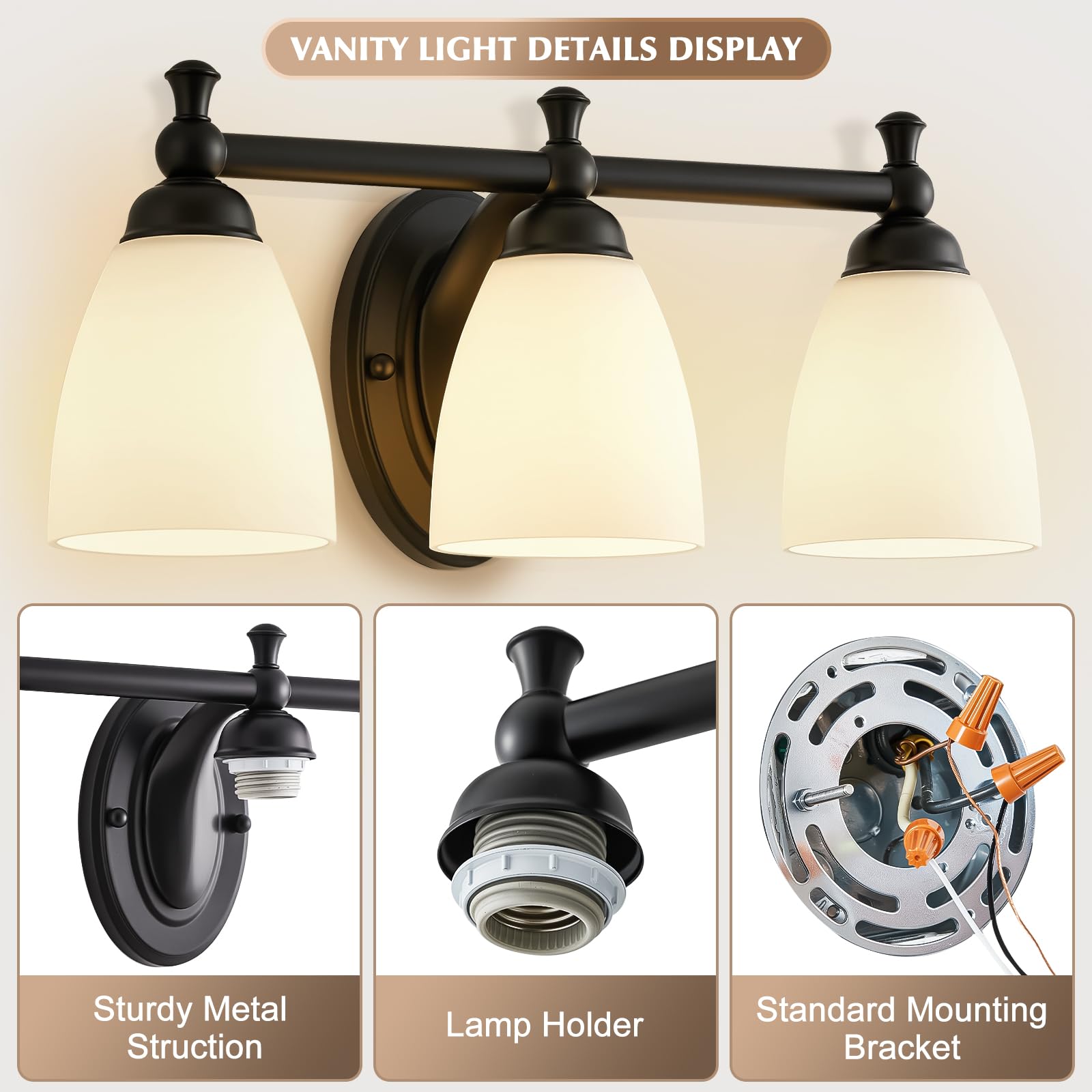EJIAXIN 3-Light Modern Vanity Light Fixture, Black Metal Bathroom Wall Sconce, Model 147