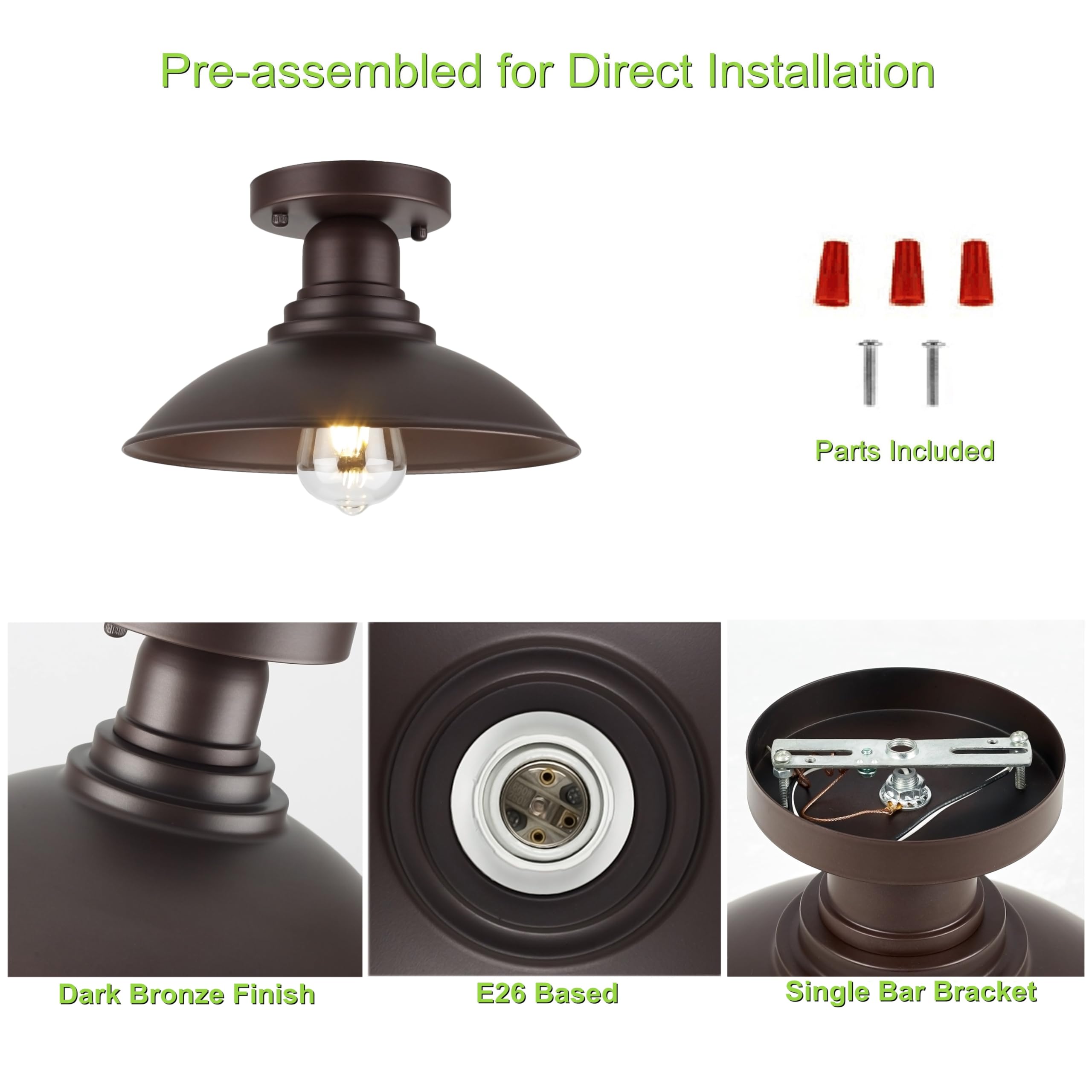Goldhill Oil Rubbed Bronze Outdoor Semi Flush Mount Ceiling Light Fixture, Metal Farmhouse Kitchen Light With E26 Based Socket,