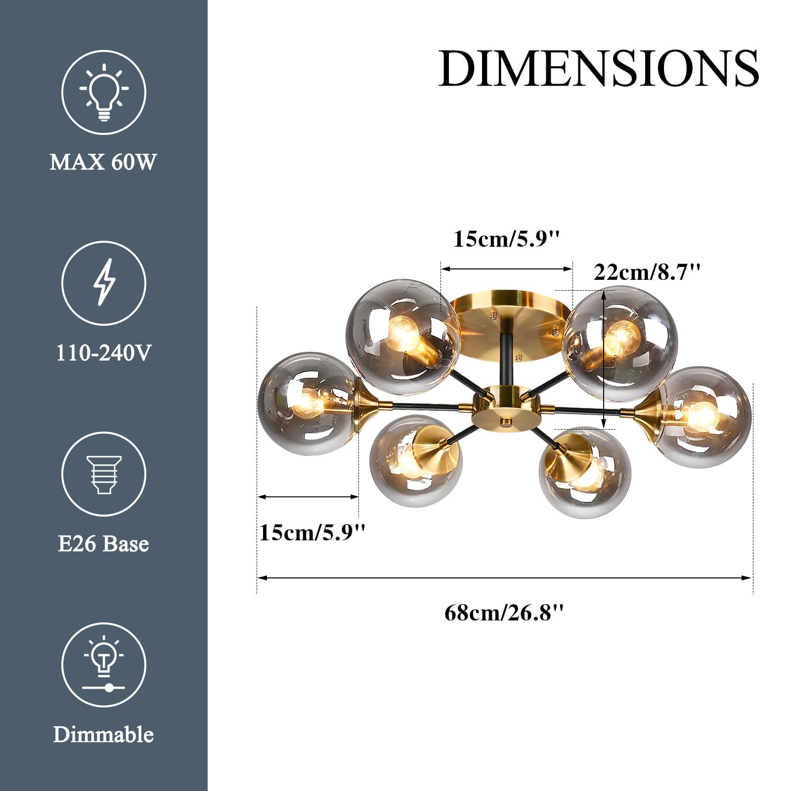 Kco Lighting 6-Light Modern Gold Globe Ceiling Light Brushed Brass Metal Close To Ceiling Lighting Fixture Bathroom Mid Century