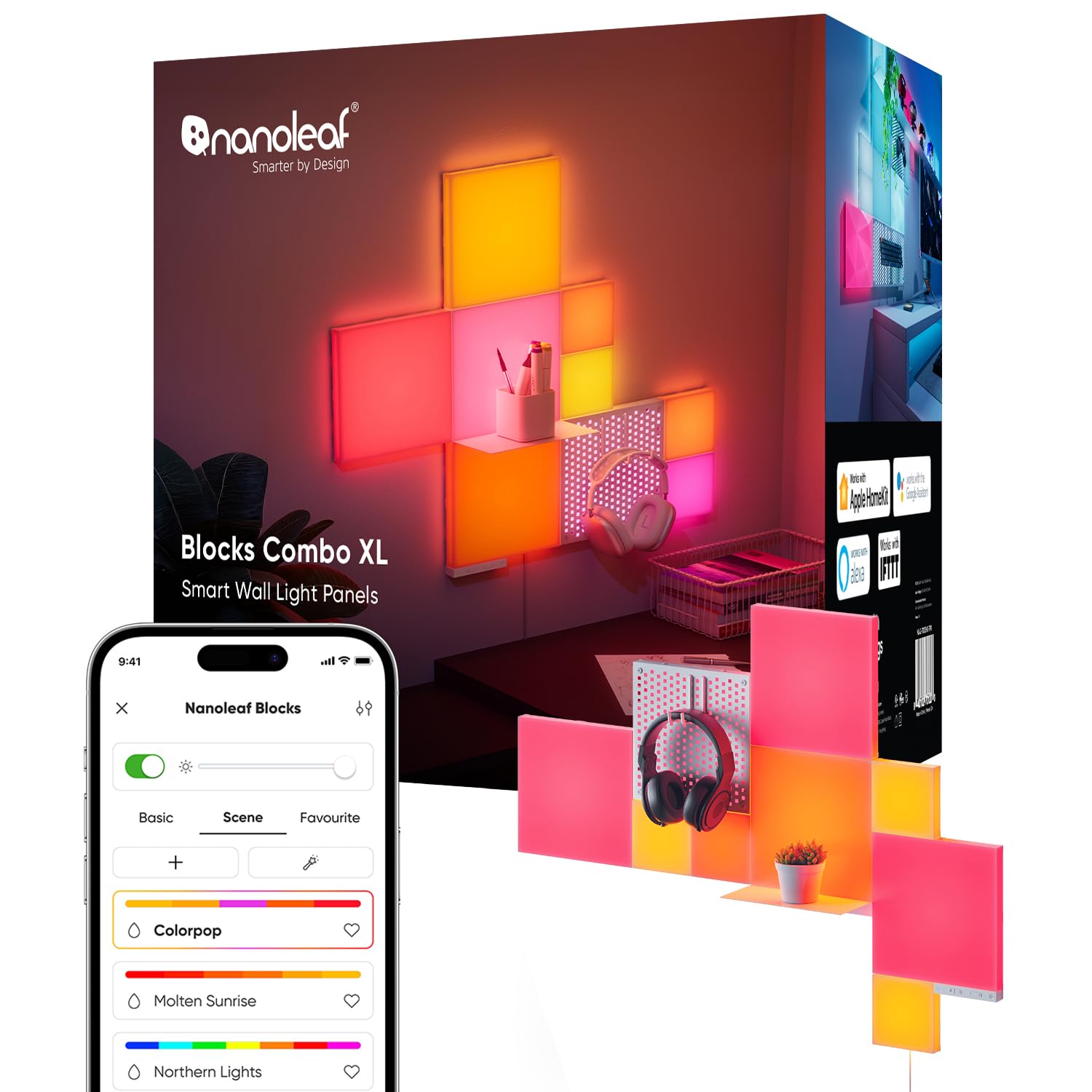 Nanoleaf Blocks Combo XL Smarter Kit - WiFi Smart RGBW 16M+ Color LED Dimmable Gaming and Home Decor Wall Light Panels (9 Panels