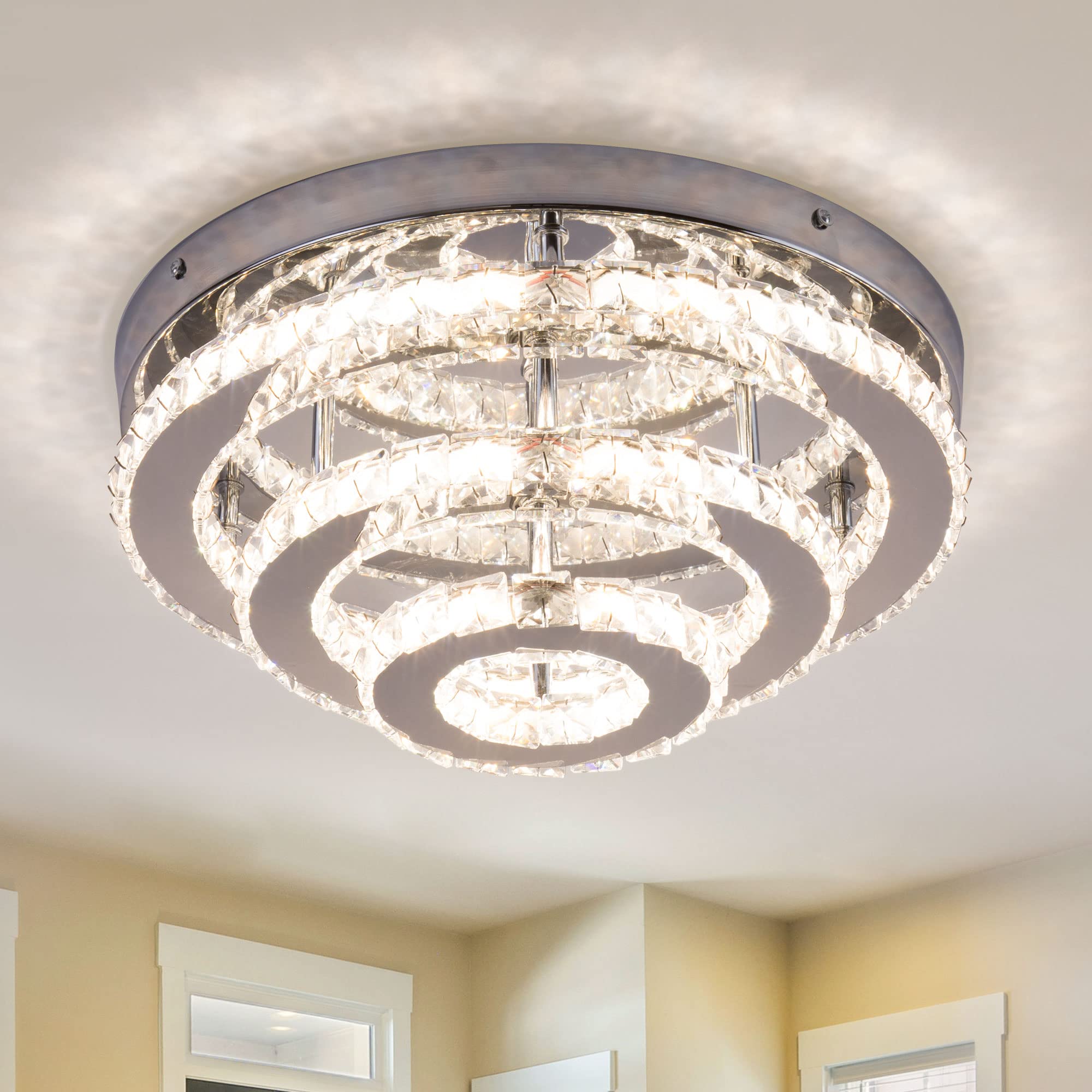 YPQXYHDA 13.8 Flush Mount Chandelier LED Crystal Ceiling Light Fixture 3 Tier Ring Crystal Chandeliers for Bedrooms Dining Room 