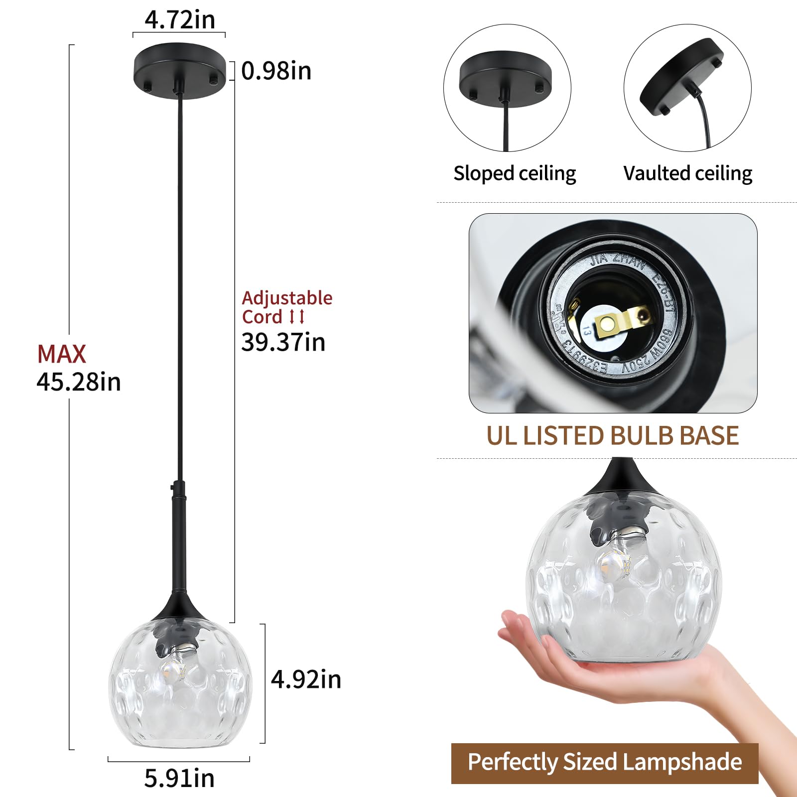 JHLBYL Glass Pendant Light Fixtures, 2 Pack, 6in  Black with Clear Hammered Glass, Model HGPL02