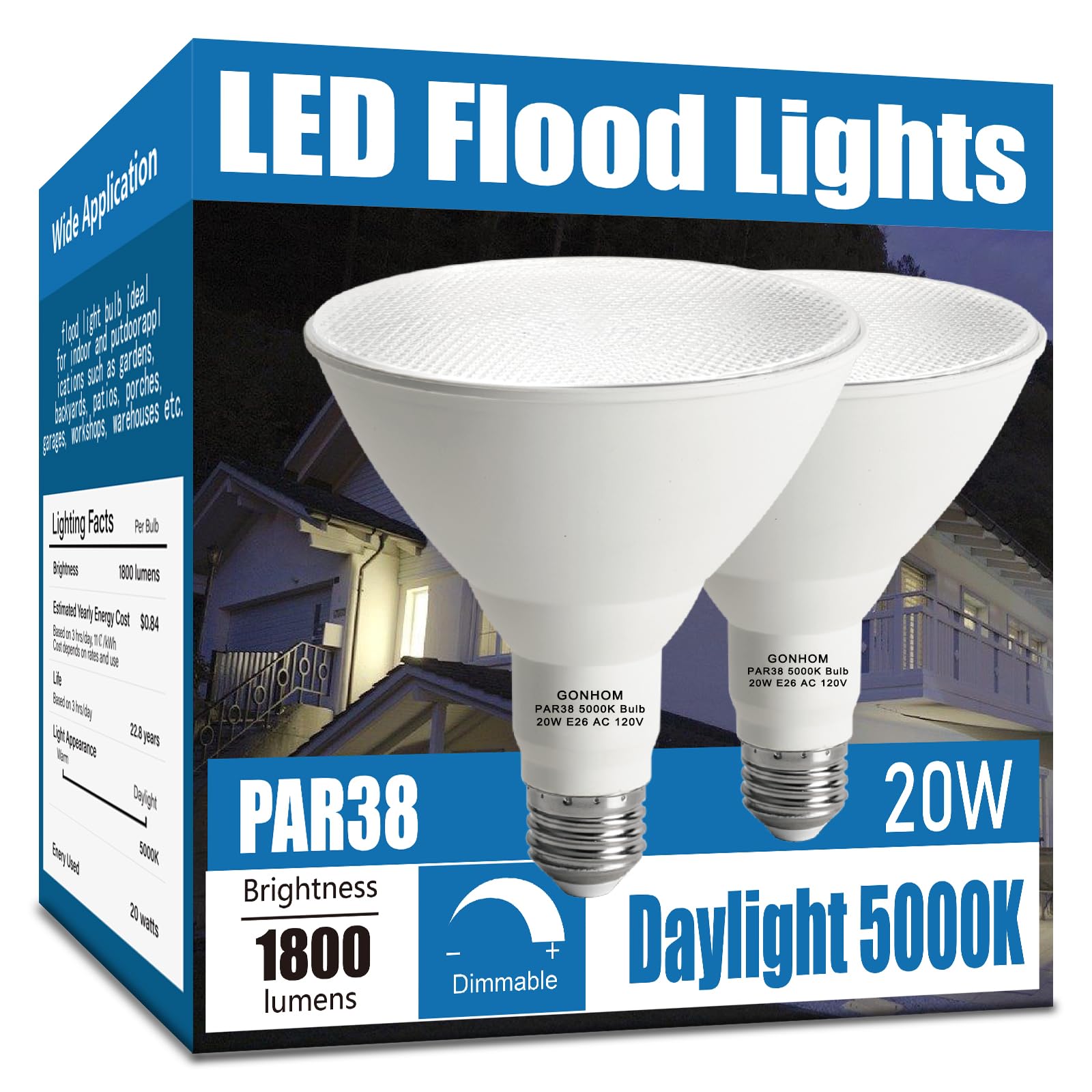Gonhom Par38 Led Flood Lights Outdoor Light Bulb 2 Pack,Dimmable 5000K Daylight 1800Lm,20W Replace Up To 200W,Outdoor Flood Ligh