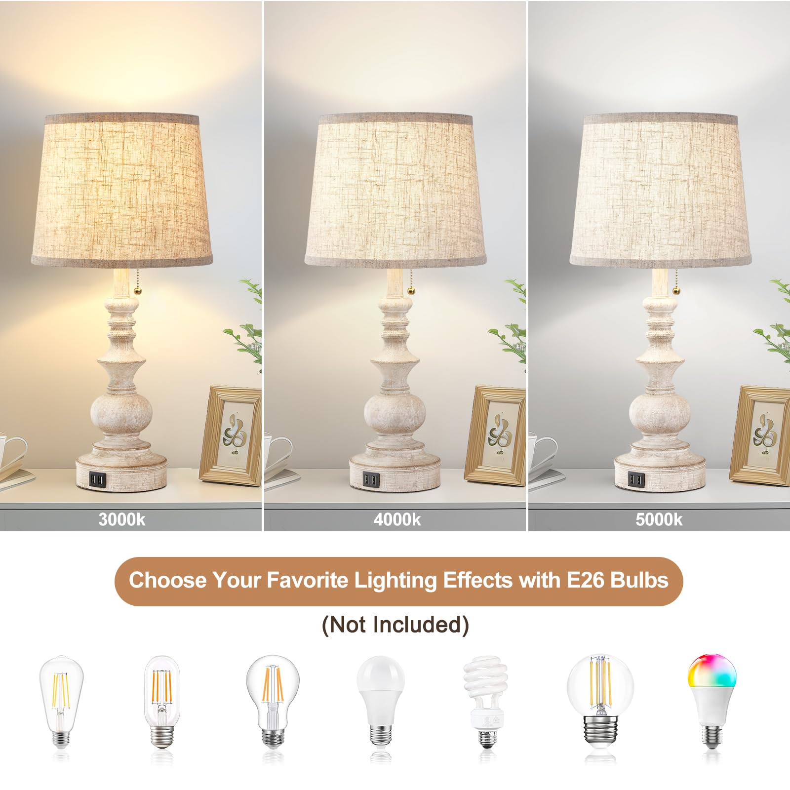 Drawealth Farmhouse Table Lamps Set of 2 with USB Ports, 22'' White, Wooden Finish, Model T0066B, Ideal for Bedrooms & Living Rooms