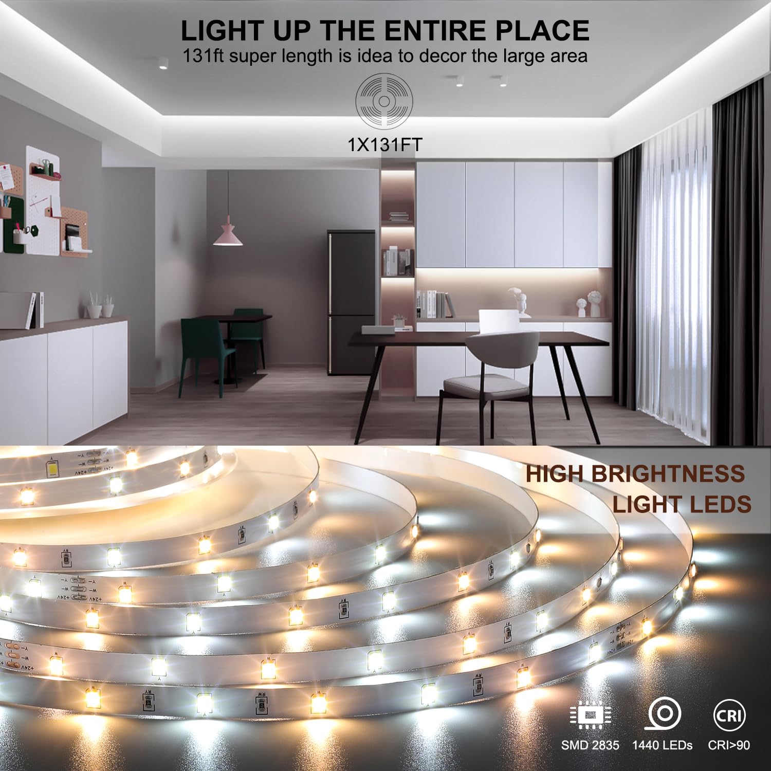Wefomey LED Strip Lights 24V Dimmable 131ft Flexible Tape Light, Tunable White, Remote & App Control, UL-Listed Power Supply