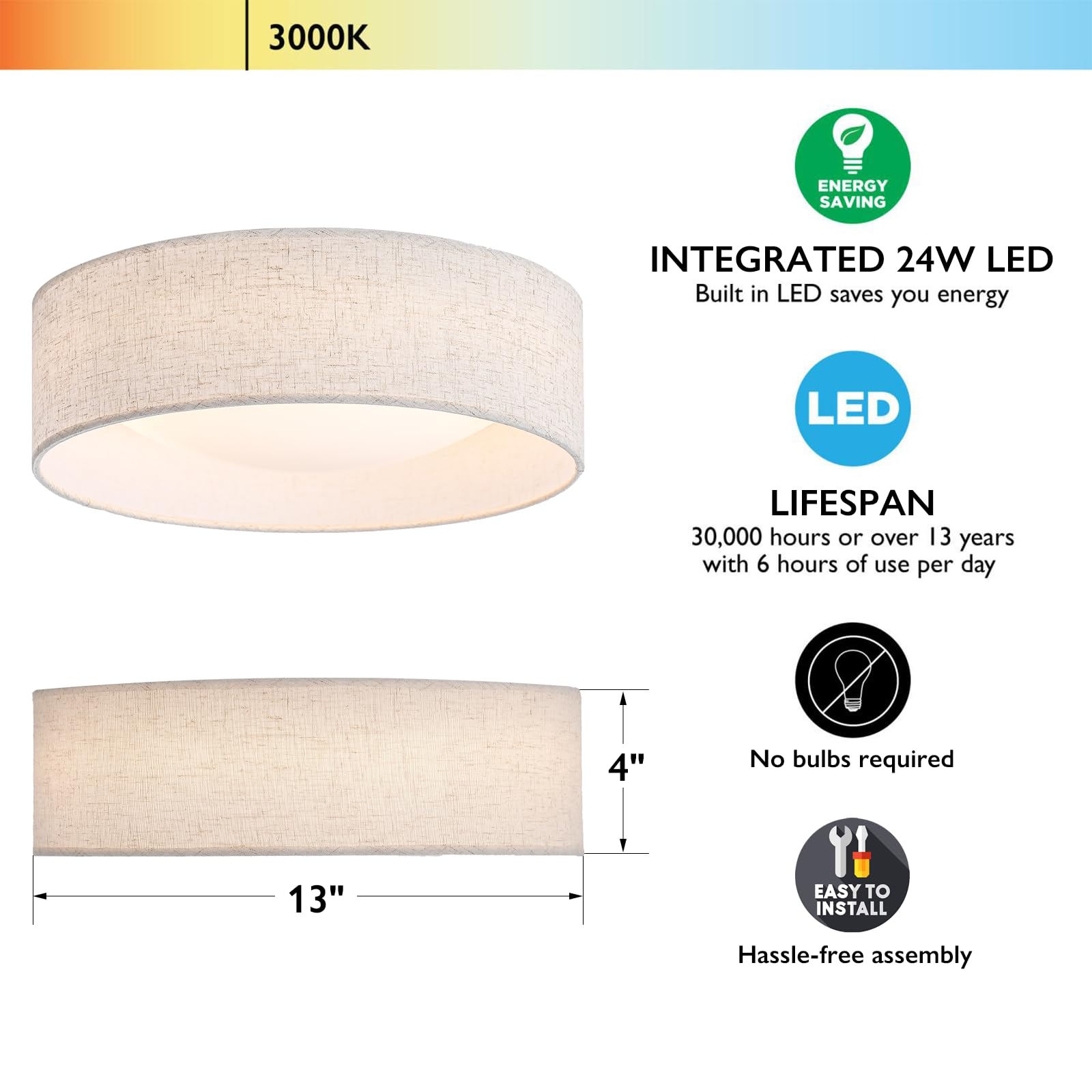CALOKES 13" Fabric Flush Mount Ceiling Light, 24W LED, 3000K, Beige, Classic Linen Design for Bedroom, Kitchen, Dining Room, Hallway