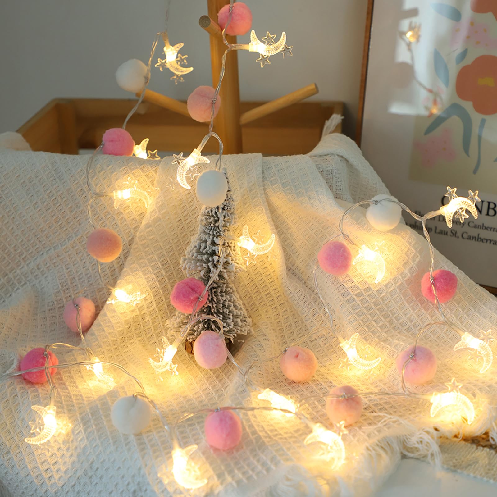 Indoor String Lights 6.56 Feet Pom Poms Moon Lights 20 LED Battery Operated String Fairy Lights Warm White Globe Lights Colorful Decor Lights for Home Bedroom Kids Playhouse Holiday Christmas
