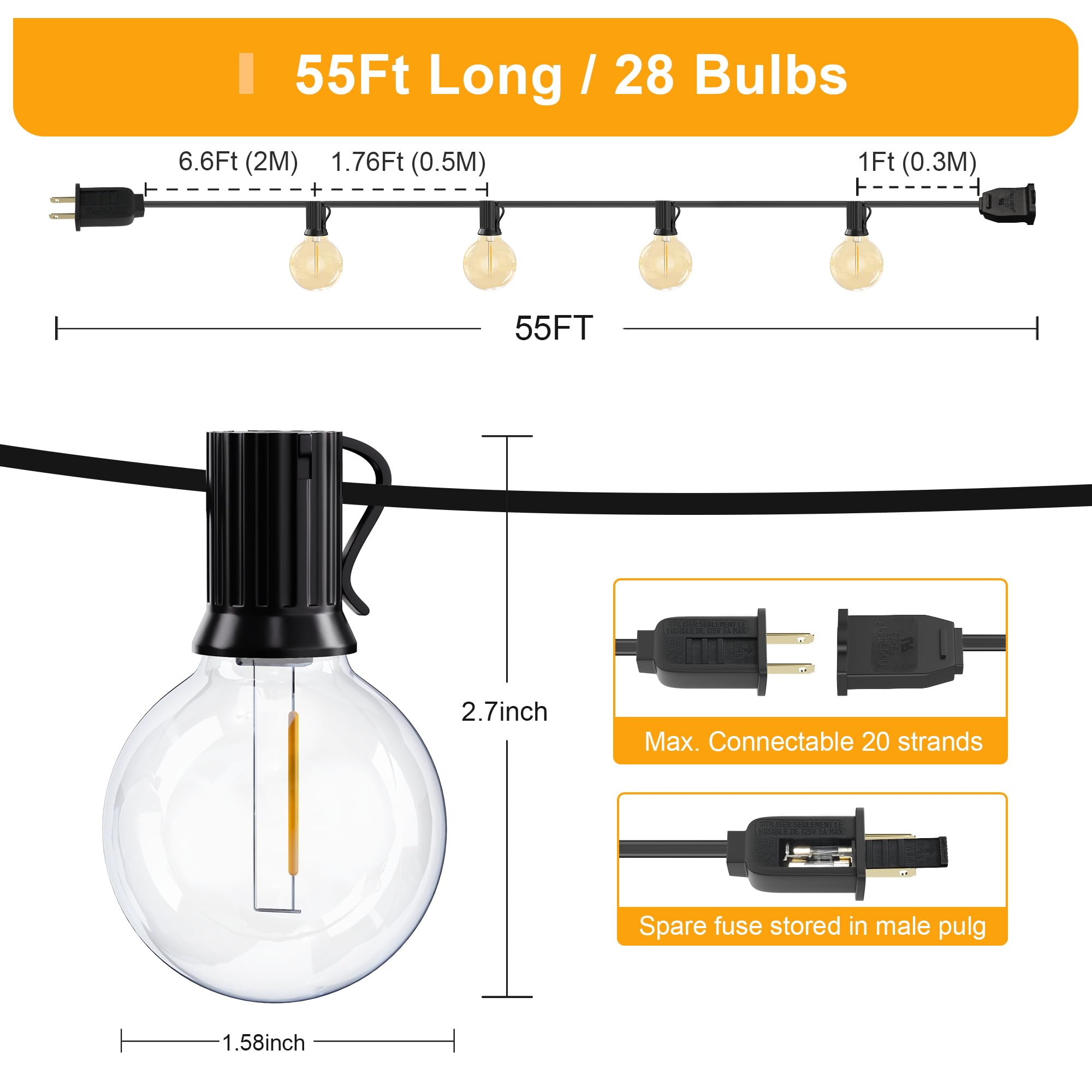 OHLUX Outdoor String Lights, 55FT Shatterproof LED, 30 Dimmable G40 Bulbs, Cozy Warm Light, Model IL-E12-2005528