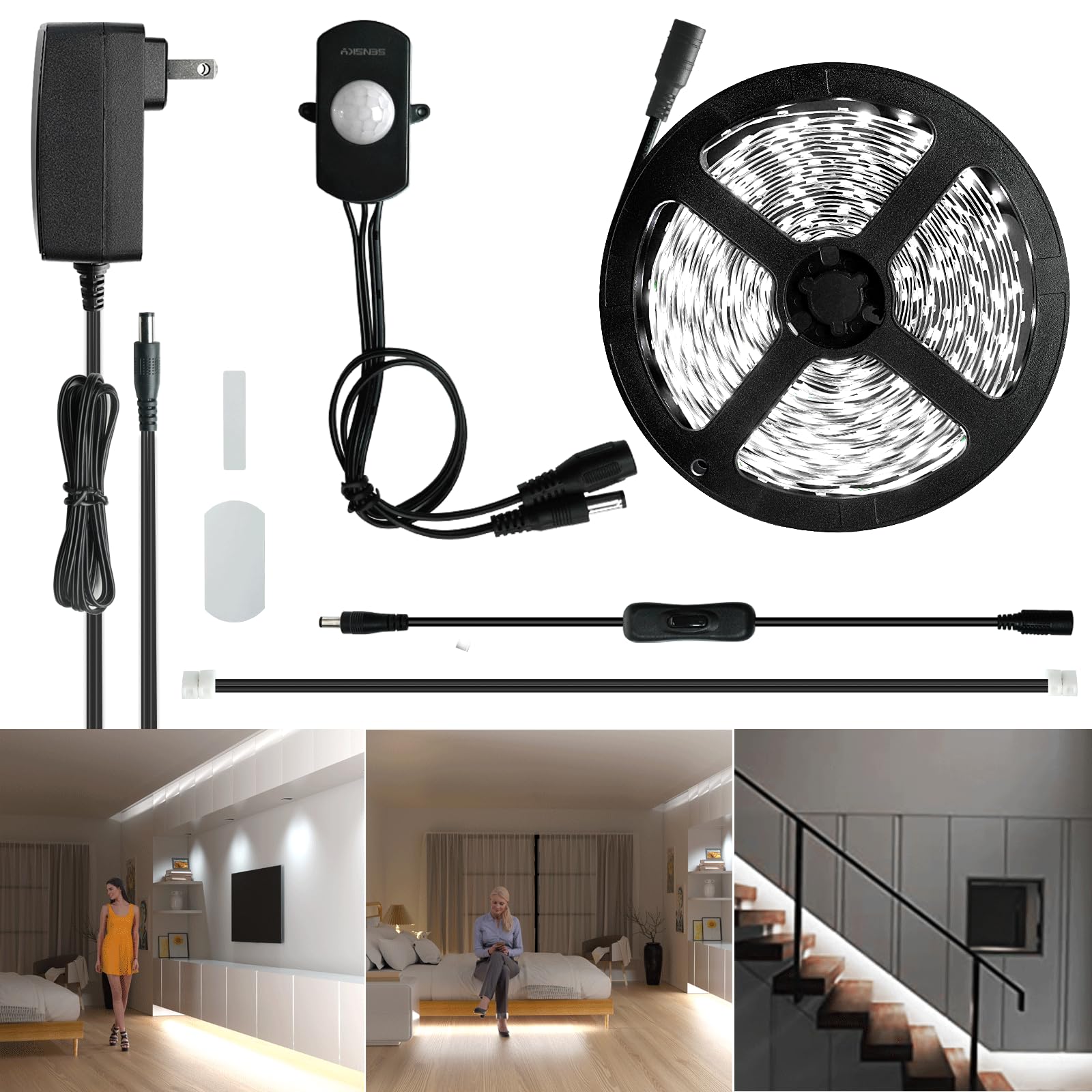 Sensky Dimmable Motion Sensor LED Strip Light Kit, 8.2FT, Cool White, FCC Listed Power Adapter for Under Cabinet Lighting