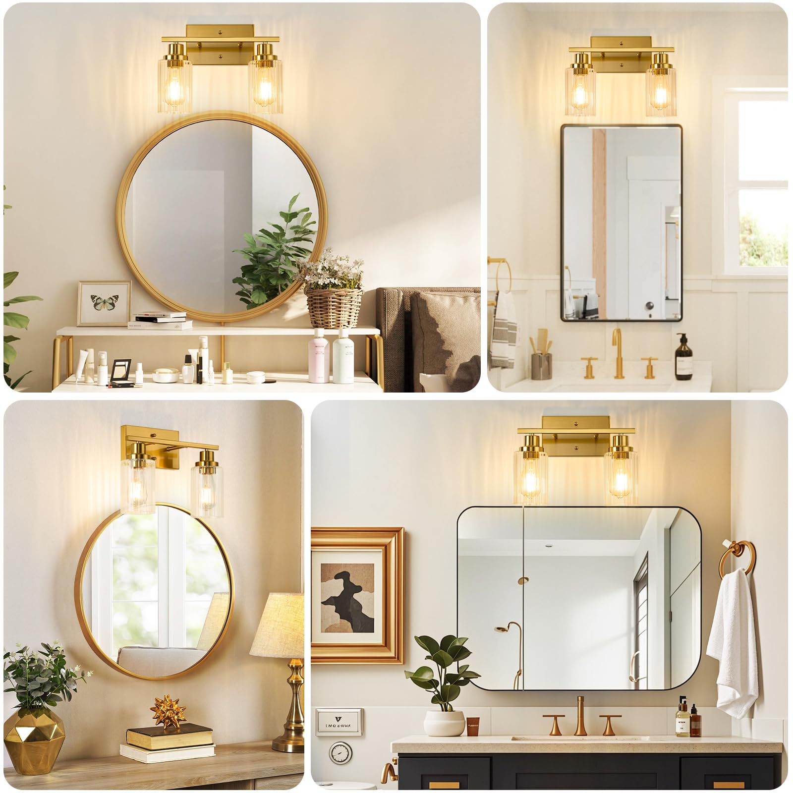 Jonsi Gold Bathroom Light Fixtures, 2 Light Brushed Gold Bathroom Vanity Lights With Fluted Glass Shade, Modern Gold Bathroom Lights Over Mirror, Vanity Lighting Fixtures, X003W-2Agb
