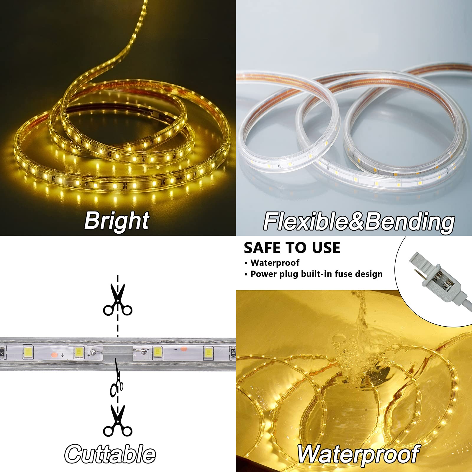 150ft Flat Outdoor Rope Lights Waterproof: 110V Cool Warm White LED Strip Light - Cuttable Connectable Lights for Deck Patio Sta