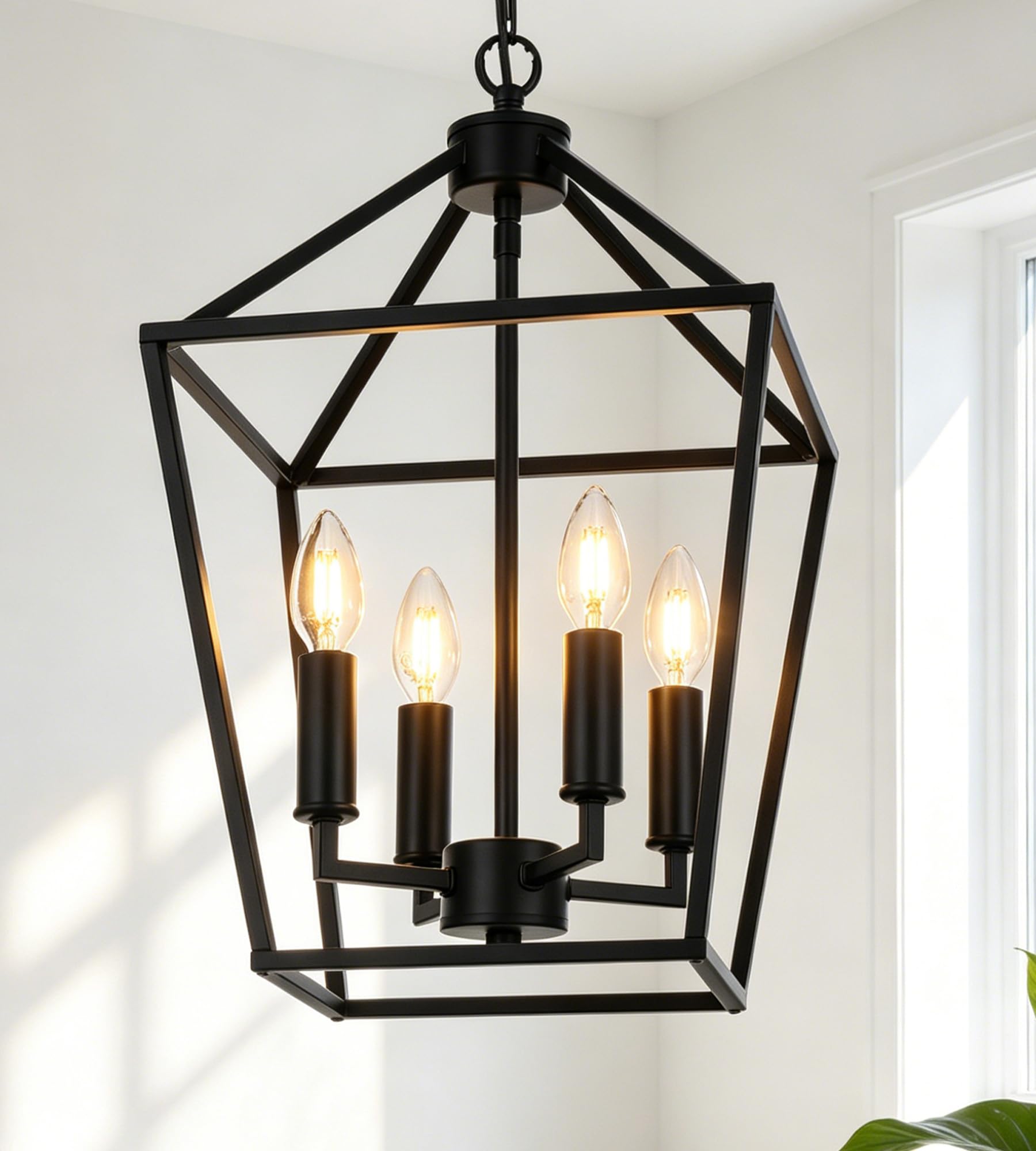 MELUCEE Farmhouse Chandelier 4 Lights Lantern Pendant Light in Black Finish Vintage Openwork Cage Hanging Light Ceiling for Kitc