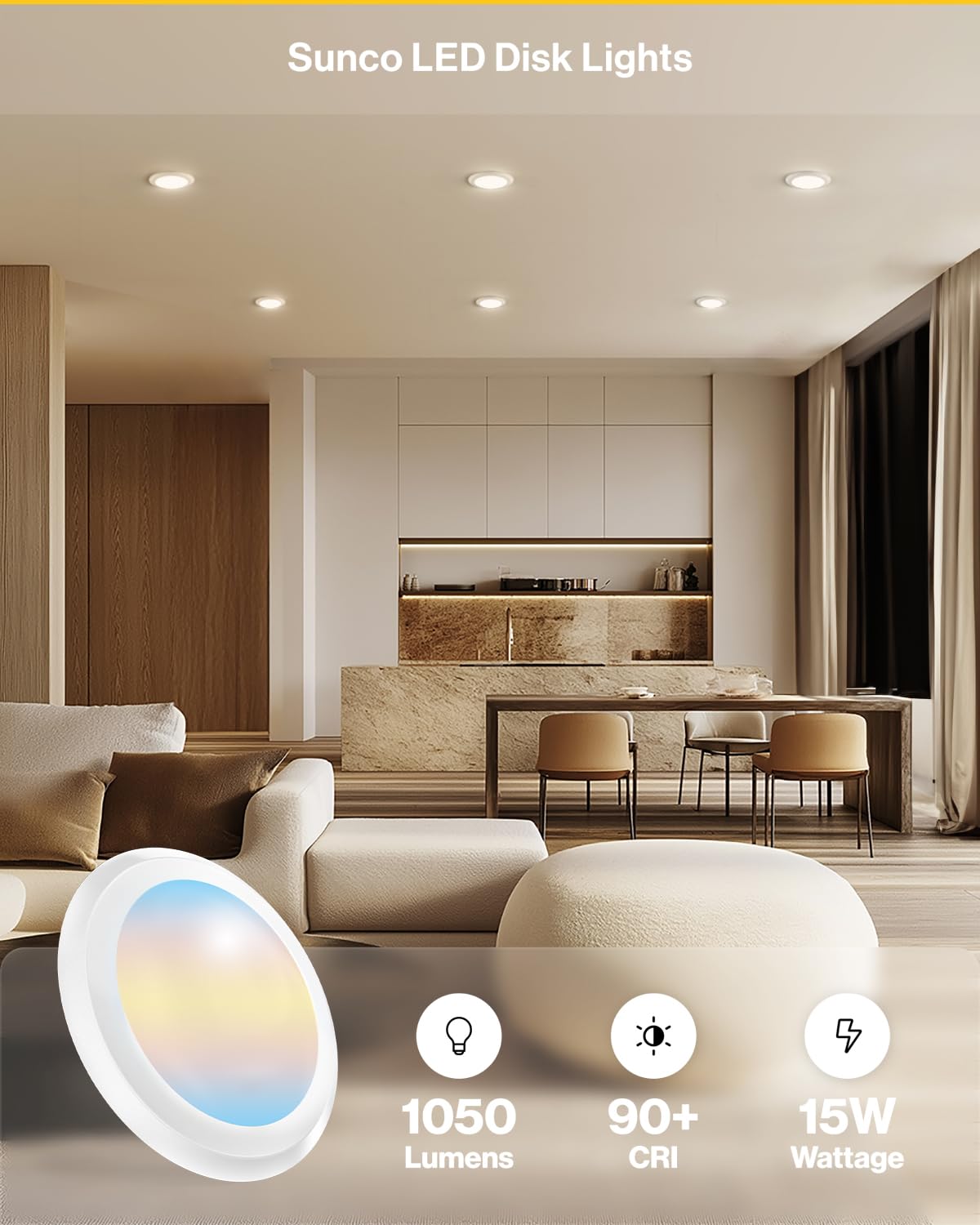 Sunco Led Disc Lights Ceiling 6 Inch, Flush Mount Disk Light, Recessed Can Lighting, 1050 Lm, 15W (75W Equivalent), Selectable C