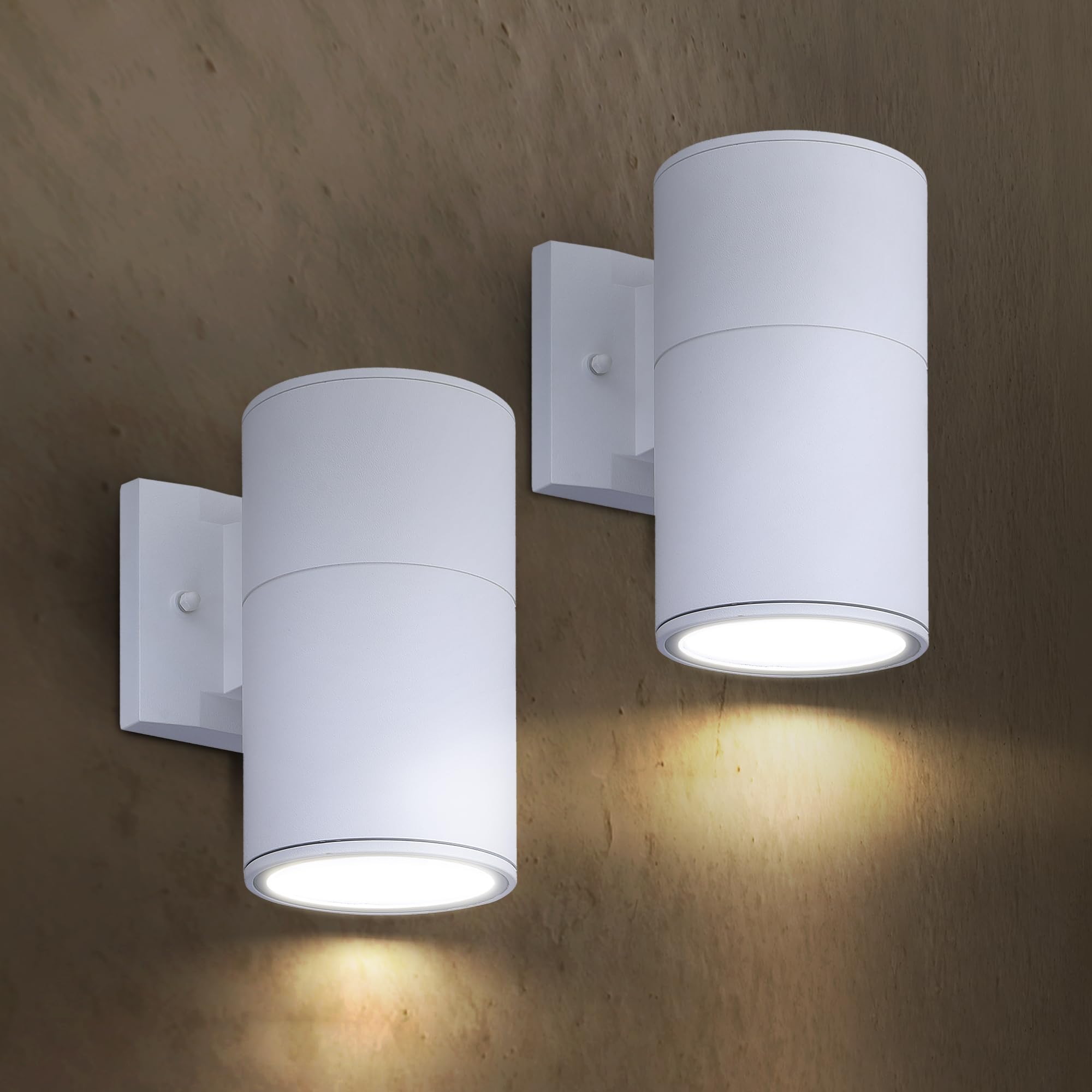ASD 1 Light Outdoor Wall Light Fixture | 60W E26 Bulb Socket 120V ETL Cylinder Up Down Lights | LED/CFL/Incandescent Bulb Exterior Wall Sconce | Front Door  Porch Patio Lighting | White  2 Pack